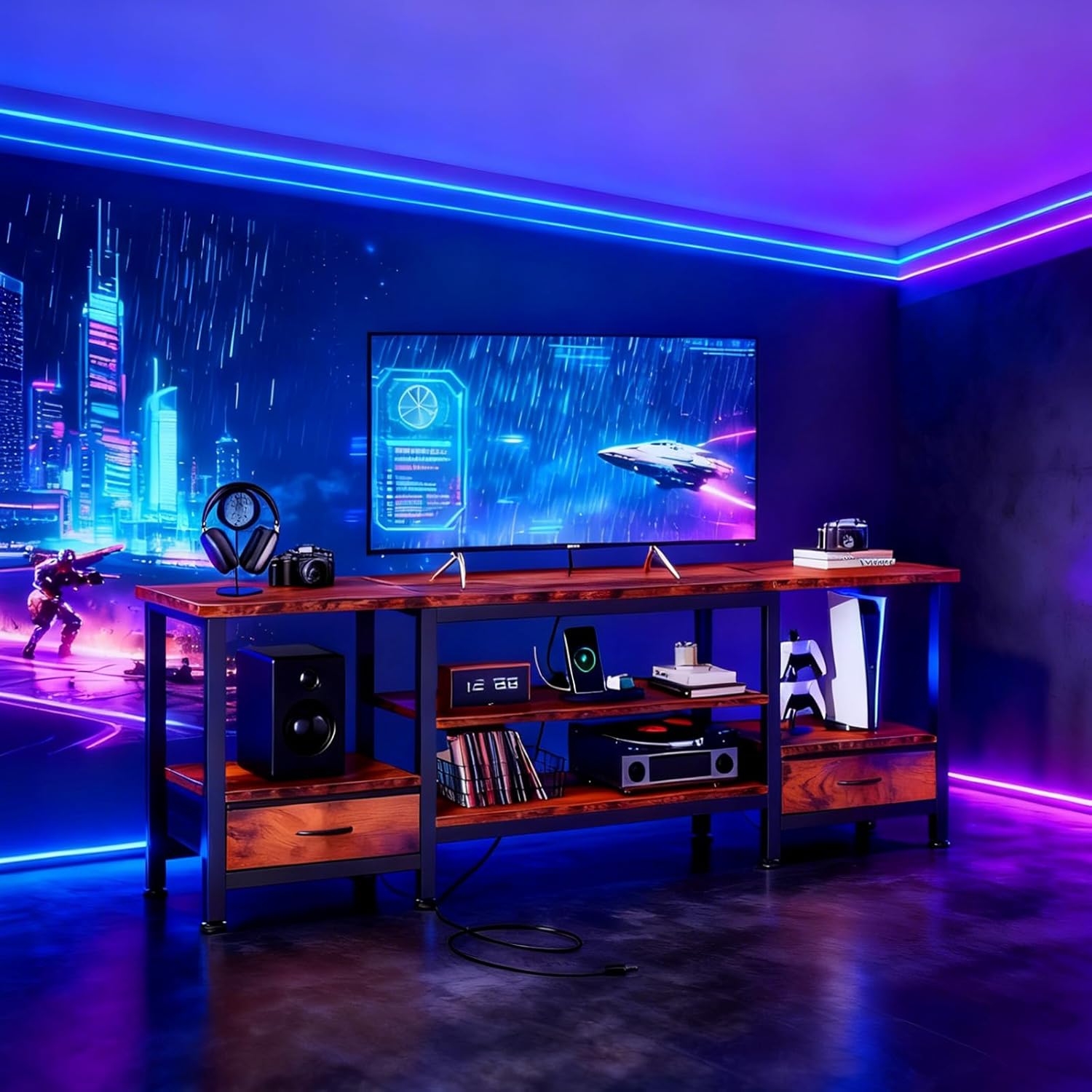 Sweetcrispy Entertainment Center with Stoage Wood TV Stand with Drawers for 65 Inch+ TVS, Television Stands for Living Room Media Console with Charging Station Drawers Shelf Sturdy Frame, 47'' Rustic