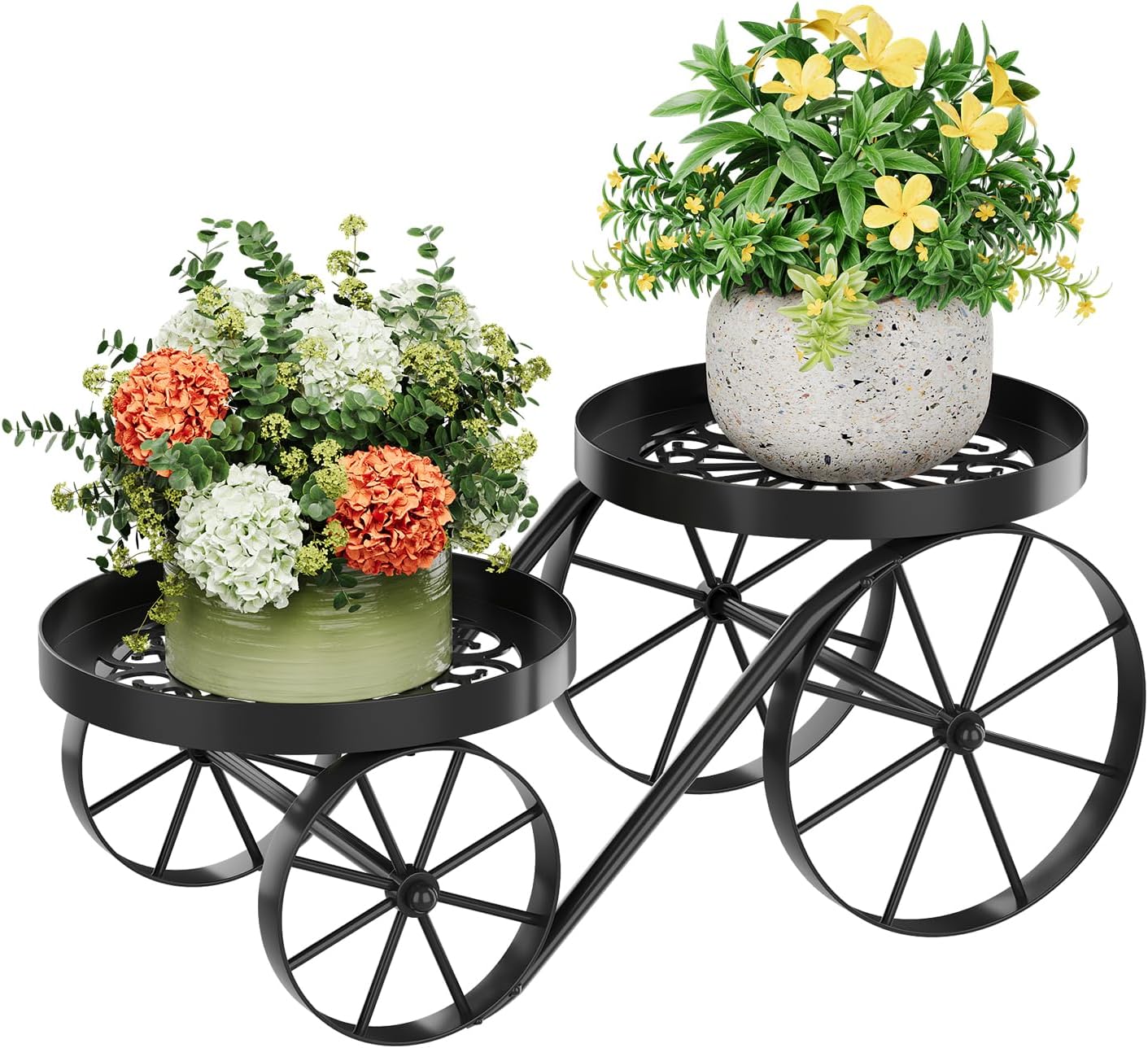 Cute Plant Stand Indoor Outdoor 2-Tier Metal Heavy Duty Flower Pot Holder with Decorative wagon wheels, Multi-Use Planter Display Rack Shelf for Garden Patio Balcony Living Room Corner (Black)