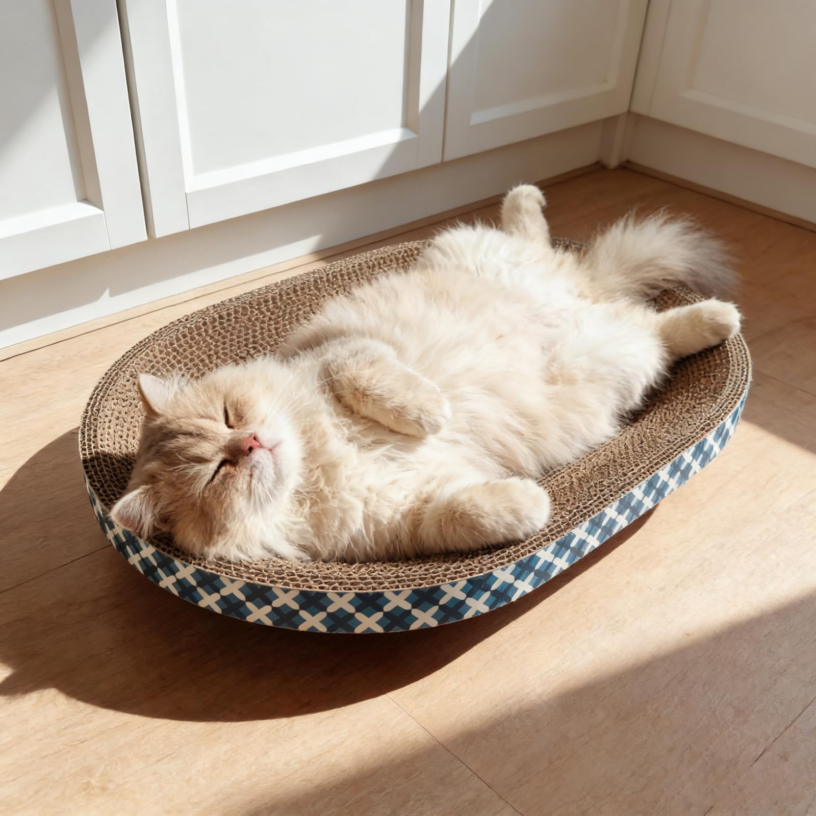 Panier Grattoir pour Chat avec Jouets, Lot de 4 Griffoirs Ovales en Carton Bol à Gratter pour Intérieur, Grand Tapis à Griffer avec Poisson à la Cataire & Plumeau, Protecteur de Meubles