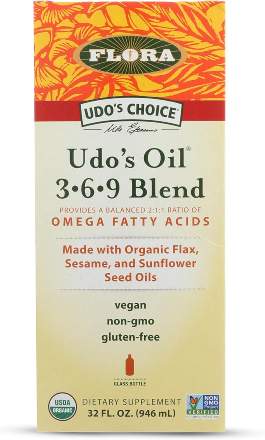Flora Health UDO’s Oil Omega 3-6-9 32 Oz Supplement | Organic | Plant Based | Vegan Fish Oil Alternative | Blend of Flaxseed, Coconut, Evening Primrose & More