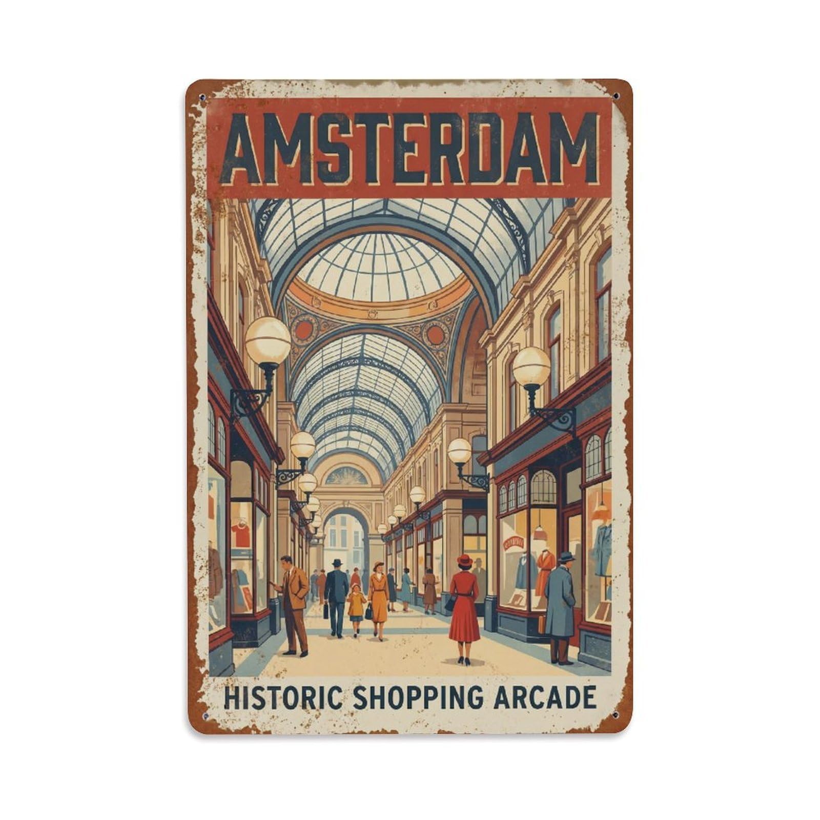 Okngb Style Arcade Historic Amsterdam Vintage Architecture Tourism Metal Tin Sign Plaque Wall Decor For Cafe, Man Cave, Club Bar, Office, Home Garden Round Metal Poster 8X12inch