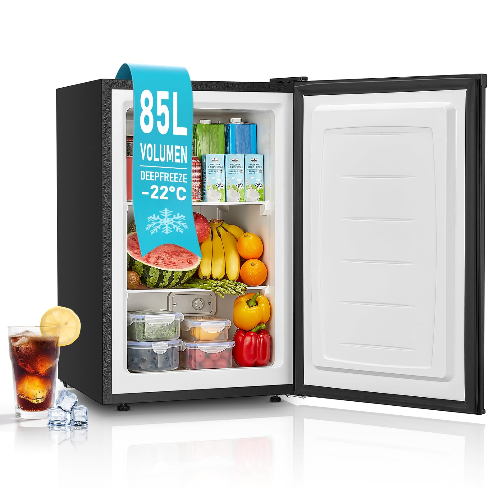 FOHERE Gefrierschrank 85 Liter Tiefkühlschrank, 80cm Hoch, 3 Schubladen,Türanschlag Wechselbar und Temperaturregelung, 4-Sterne-Gefrierfach, Energieklasse E