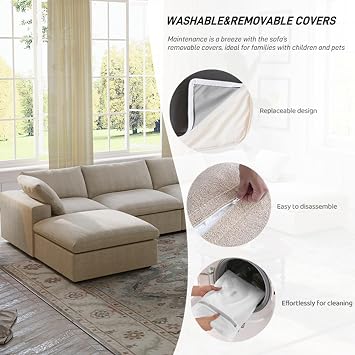 Cloud Modular Sectional Sofa,Down Filled Comfort Oversized Living Room Sets for Living Room,Large 8 Seater Minimalist Wide Deep Seat Convertible Couches,Sofa Cover Washable & Removable (Khaki)