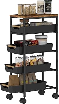 HOMCOM 5-Tier Storage Trolley on Wheels with 4 Pull-Out Drawers, Black
