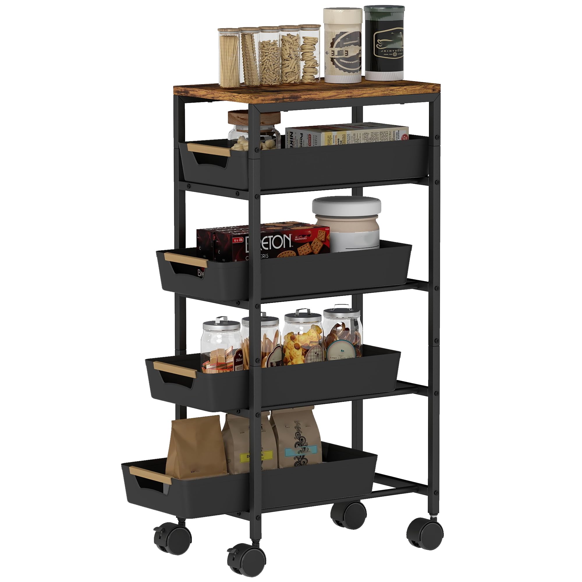 HOMCOM 5-Tier Storage Trolley on Wheels with 4 Pull-Out Drawers, Black