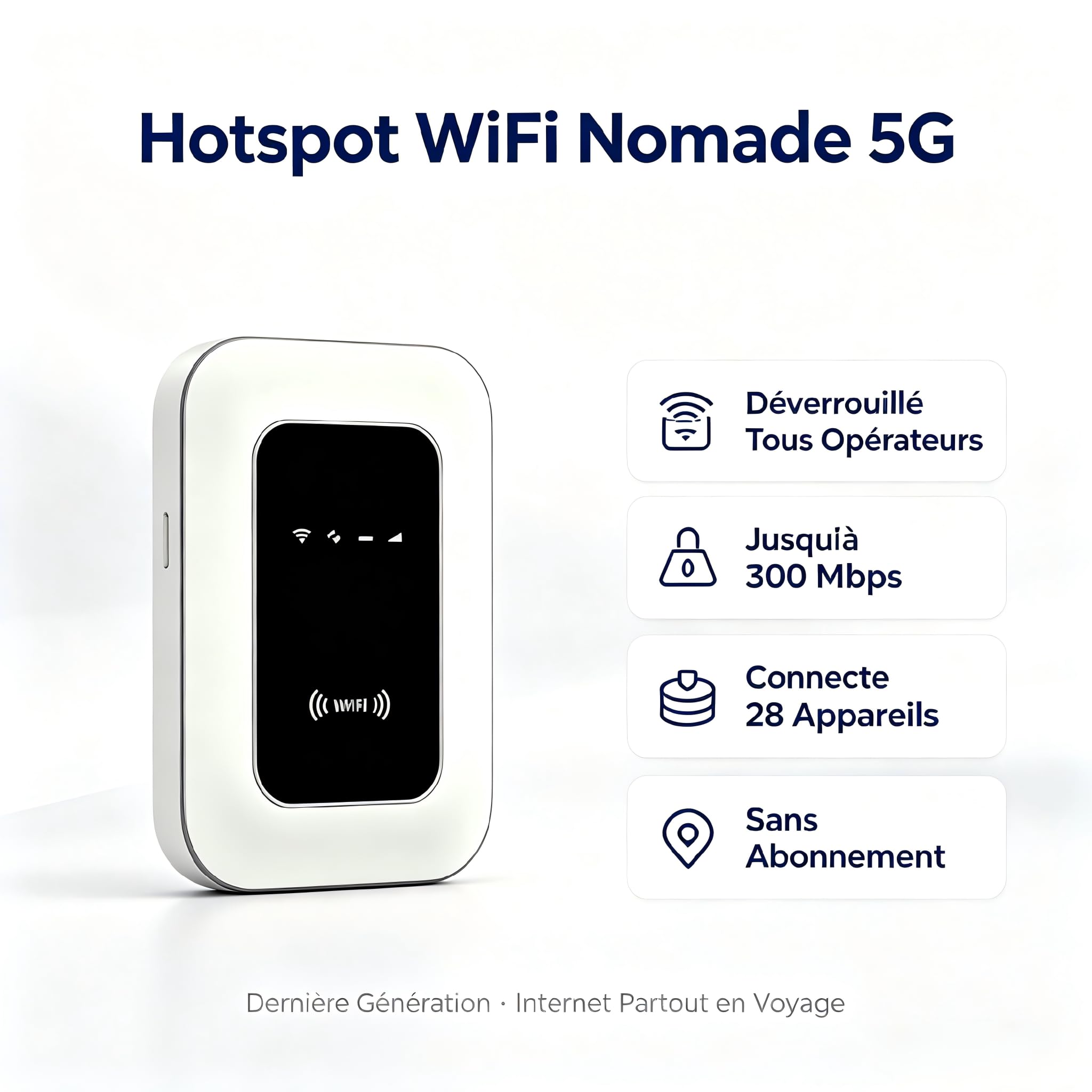 Routeur WiFi Nomade 5G Portable Déverrouillé pour Carte SIM, Prêt à l'emploi, Hotspot Mobile Jusqu'à 300 Mbps, Connecte 28 Appareils, Internet de Voyage sans Abonnement