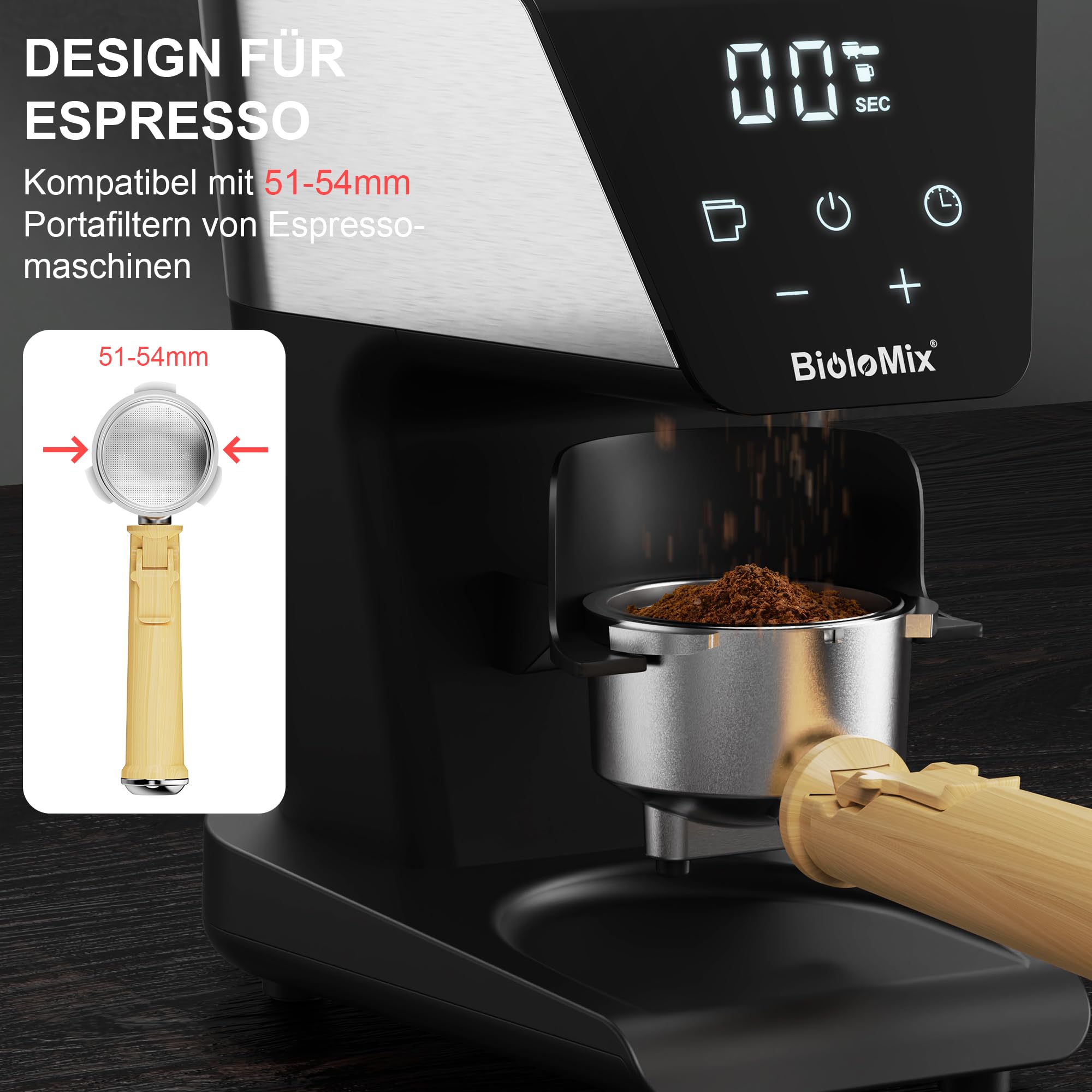 Biolomix Mulino elettrico conico con display touch screen digitale e culla portafiltro, mulino elettrico regolabile con 30 impostazioni di macinazione precise per 1-12 tazze. (antistatico), BG706