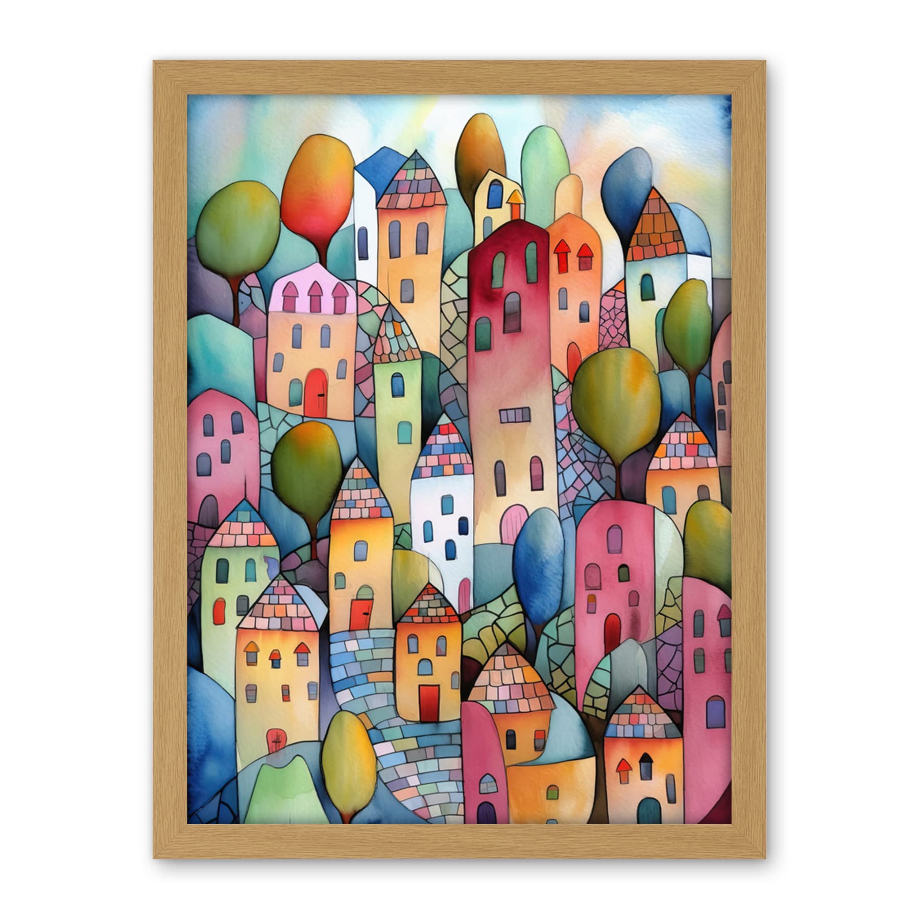 Artery8 Village On The Hill Cobble Streets Folk Art Artwork Framed Wall Art Print 18X24 Inch
