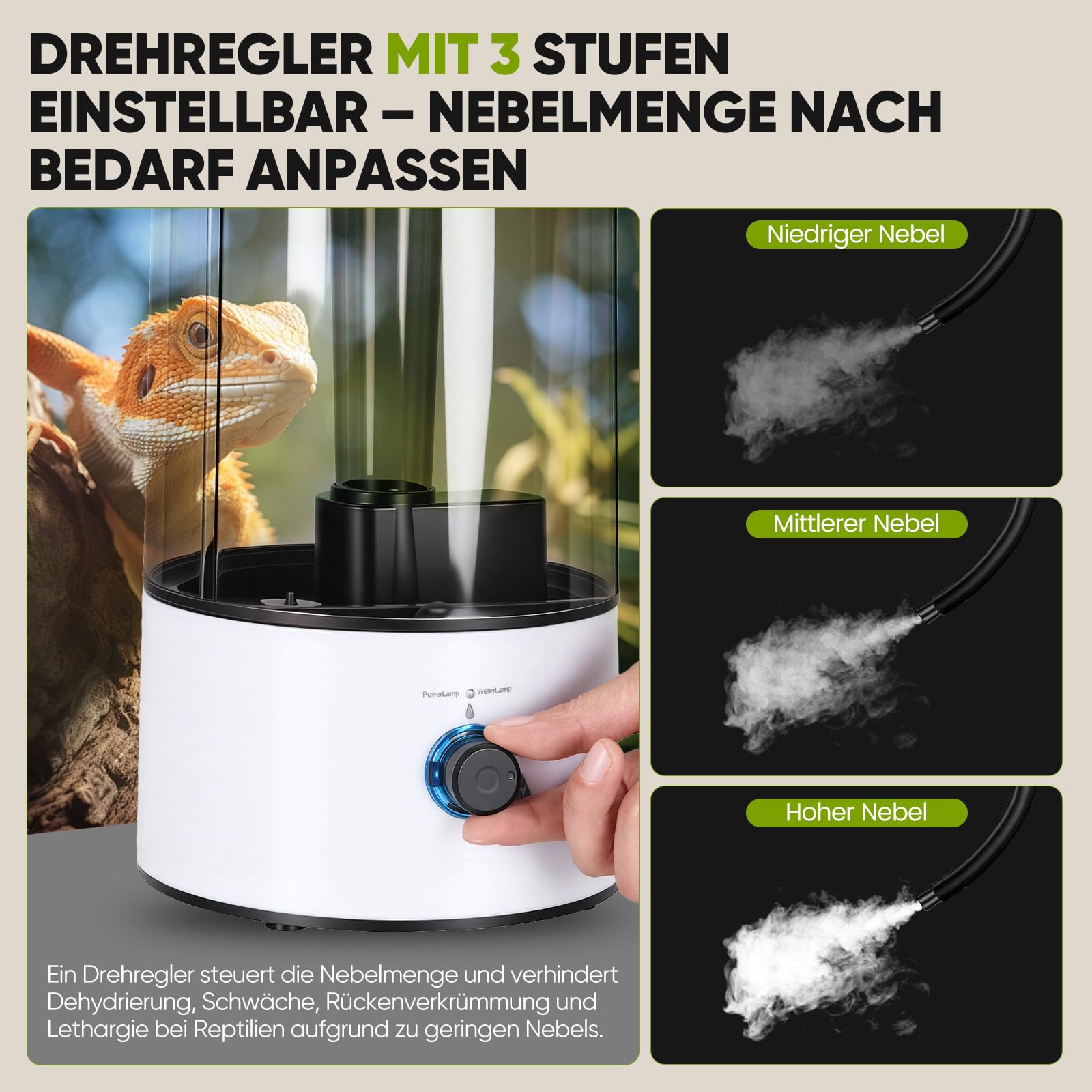 Reptilien Luftbefeuchter, 4L Großem Tank Nebelgerät，Reptilien-Tank-Terrarium Nebelmaschine mit 2m Schlauch,vernebler terrarium für Reptilien, Amphibien, Schildkröten, Feuchtpflanzen