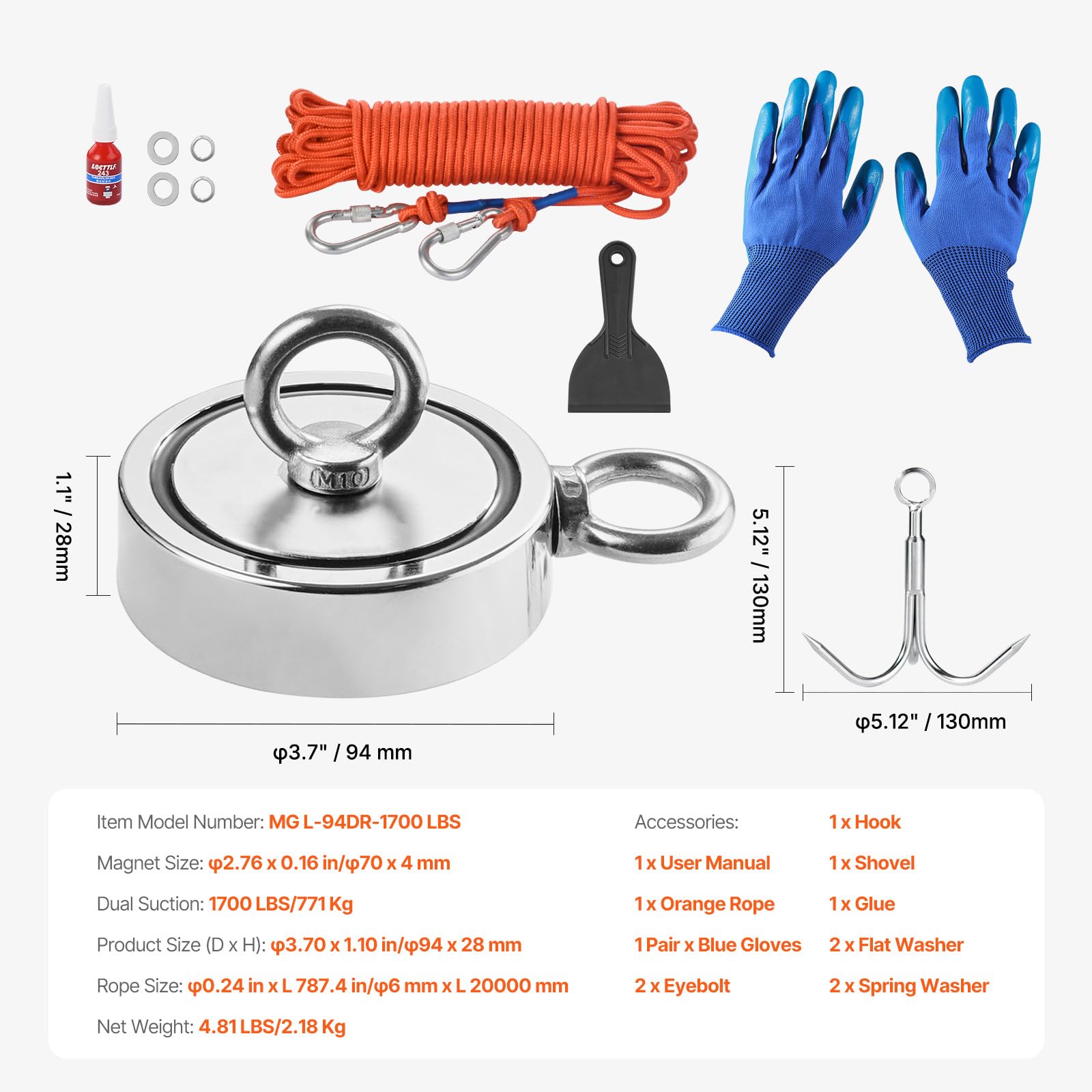 VEVOR Kit da Pesca con Magnete da 771 kg Kit da Pesca con Magnete Forte su Entrambi Lati, Kit da Pesca con Magnete al Neodimio N35 in Terre Rare Include Rampino, Corda Resistente, Guanti e Golfare