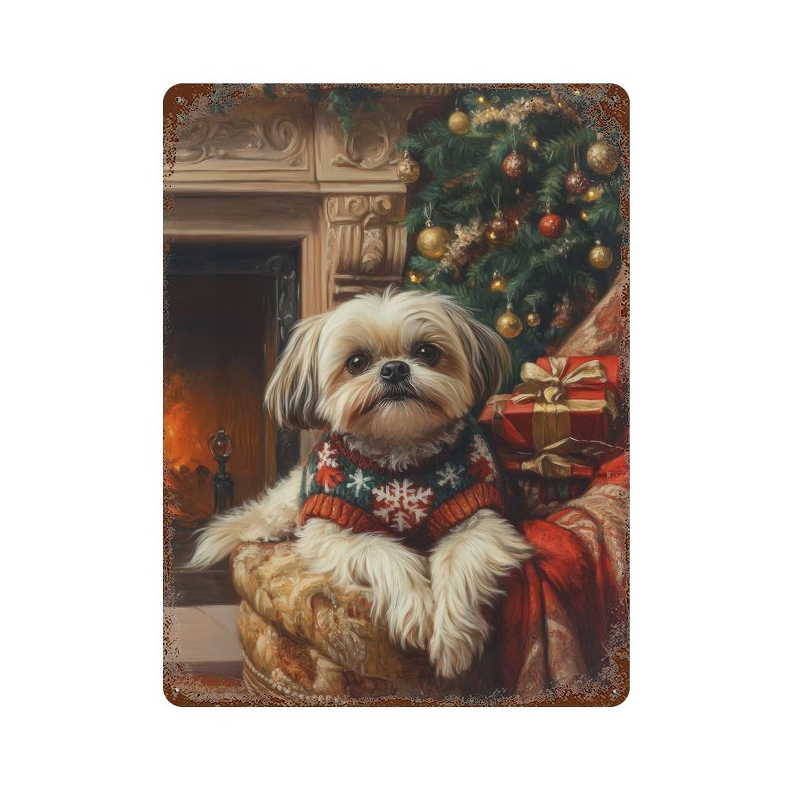 Dog in Christmas Sweater Shih Tzu Dog Christmas Art Rust Effect Tin Sign 15.7"x11.8", Novelty Wall Decor for Garage, Pub Or Kitchen