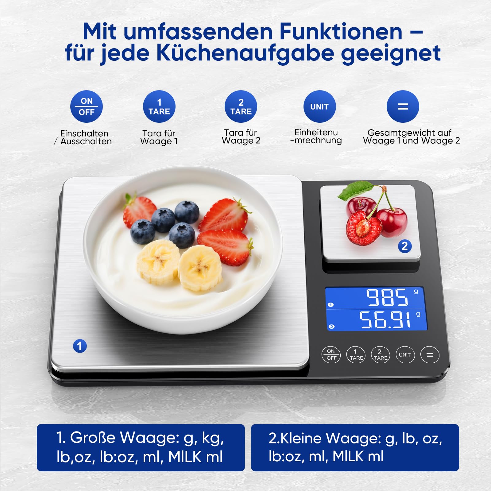 KUAIVO Küchenwaage Digital 15 kg / 0,01 g, Hochpräzise Zweibereichs Waage Küche mit Addierfunktion, Tara-Funktion, 7 Maßeinheiten, Küchenwaage zum Kochen und Brotbacken, inkl. Batterien