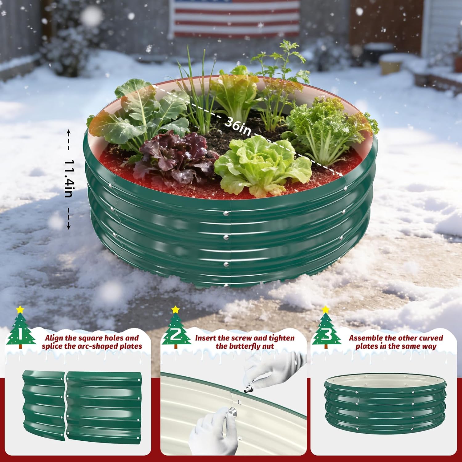 12 Inch Tall Heavy-Duty Round Steel Rised Garden Bed – Wave-Shaped Design Galvanized Metal Planter Box for Vegetables Flowers Succulent at Patio/Garden Outdoor (Green, 36" Diameter)