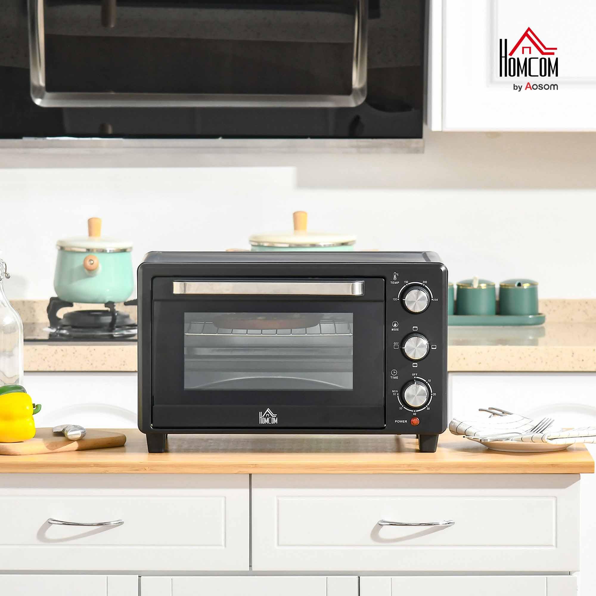 HOMCOM Mini Backofen 21 L 1400W 100-230℃ 60 Min. Timer inkl. Krümelblech, Backblech, Grillrost Fenster, Minibackofen Pizza-Ofen, Schwarz