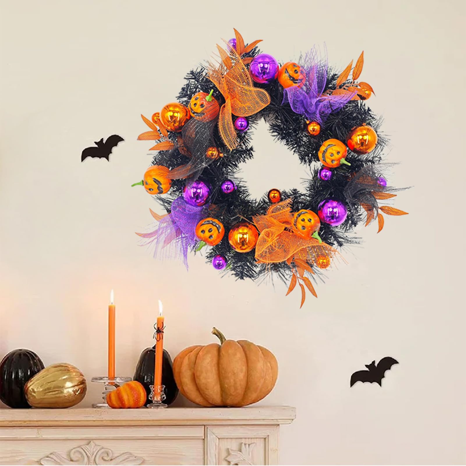 Halloween Türkranz Mit LED - Schwarze Katze Mond Deko Für Haustür