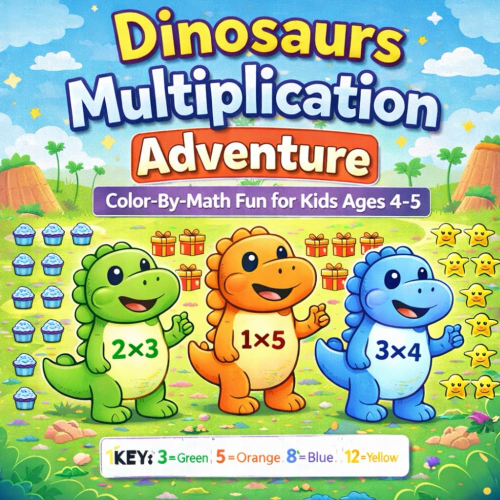 Dinosaurs Multiplication Adventure: Color-By-Math Adventures for Kids Ages 4–5