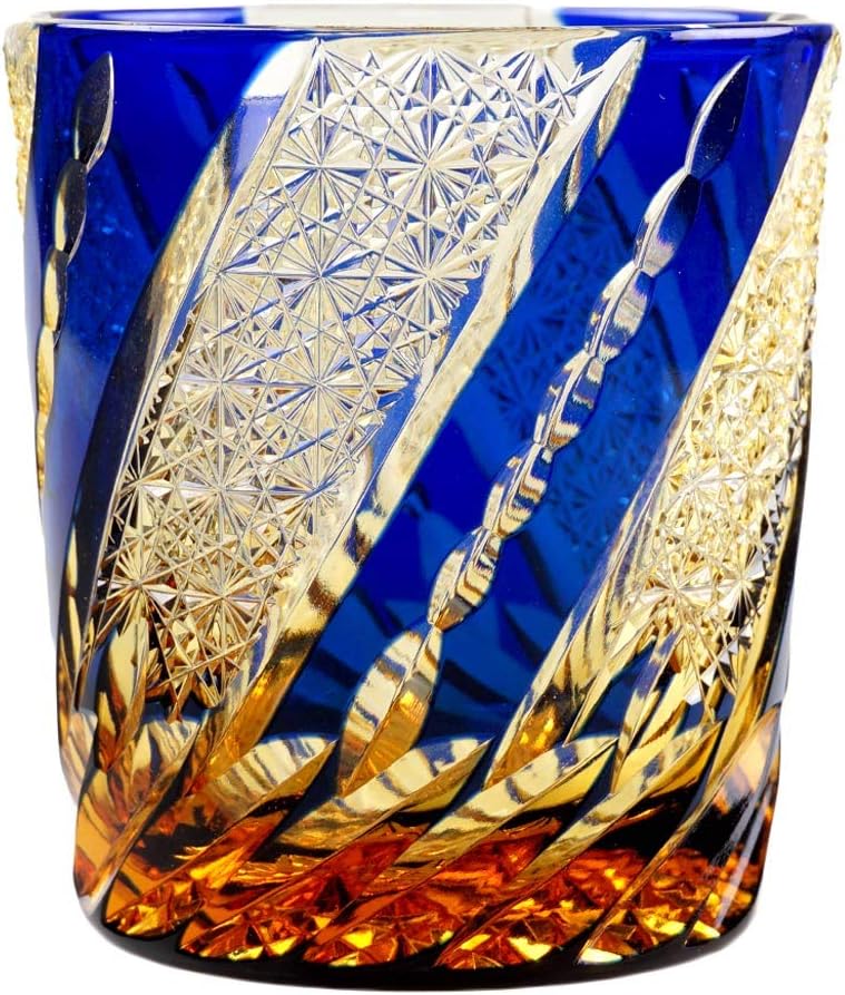 Crystal Double Old Fashioned Rocks Glass 8.7oz Edo Kiriko A Windmill Design Cut Glass - Blue x Amber [Japanese Crafts Sakura]