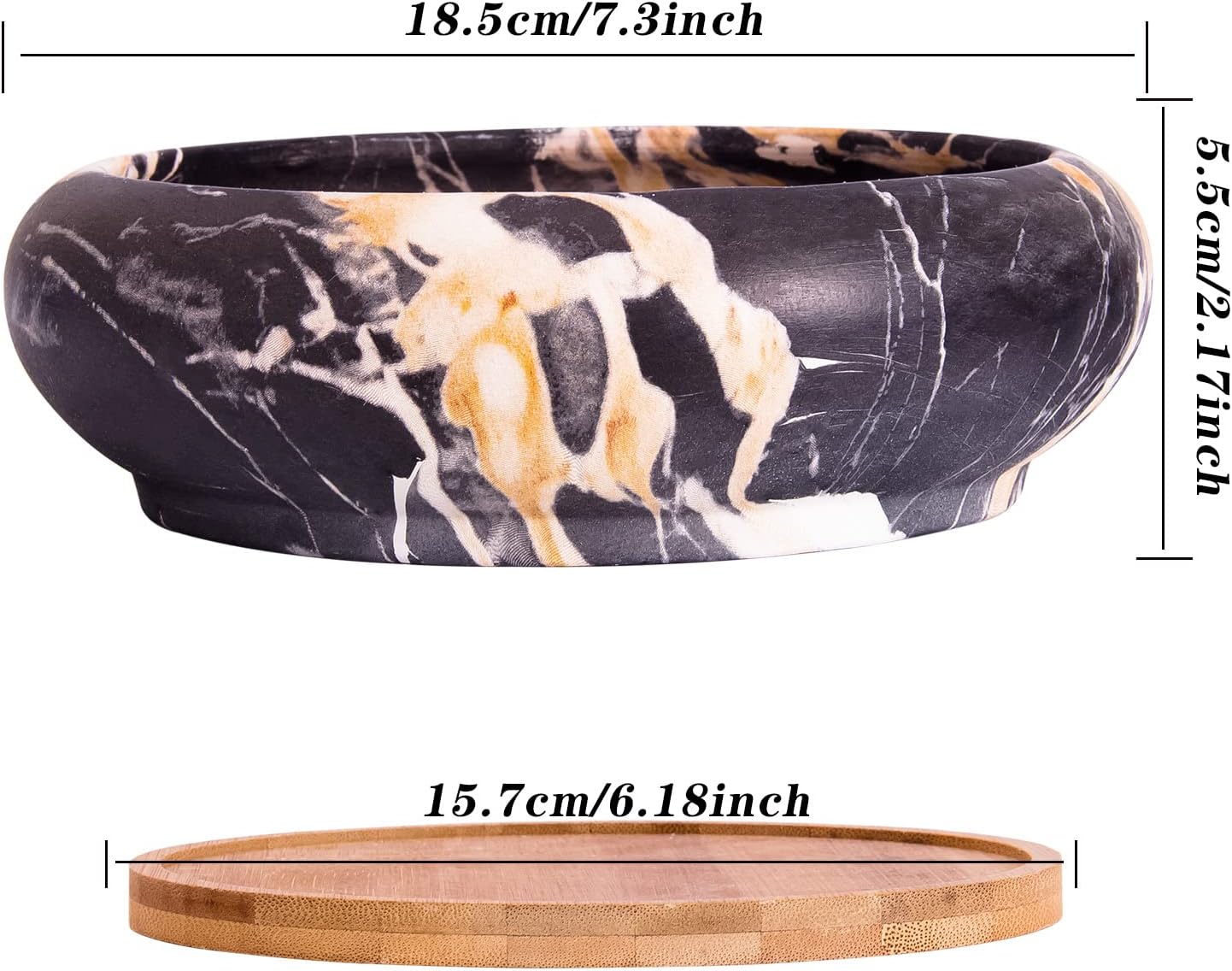 ARTKETTY Succulent Pots - 7.3 Inch Ceramic Bonsai Pots with Trays Set of 2, Large Succulent Plant Pots with Drainage Shallow Planters for Indoor Plants Marble Cactus Flower Plant Container Bowl