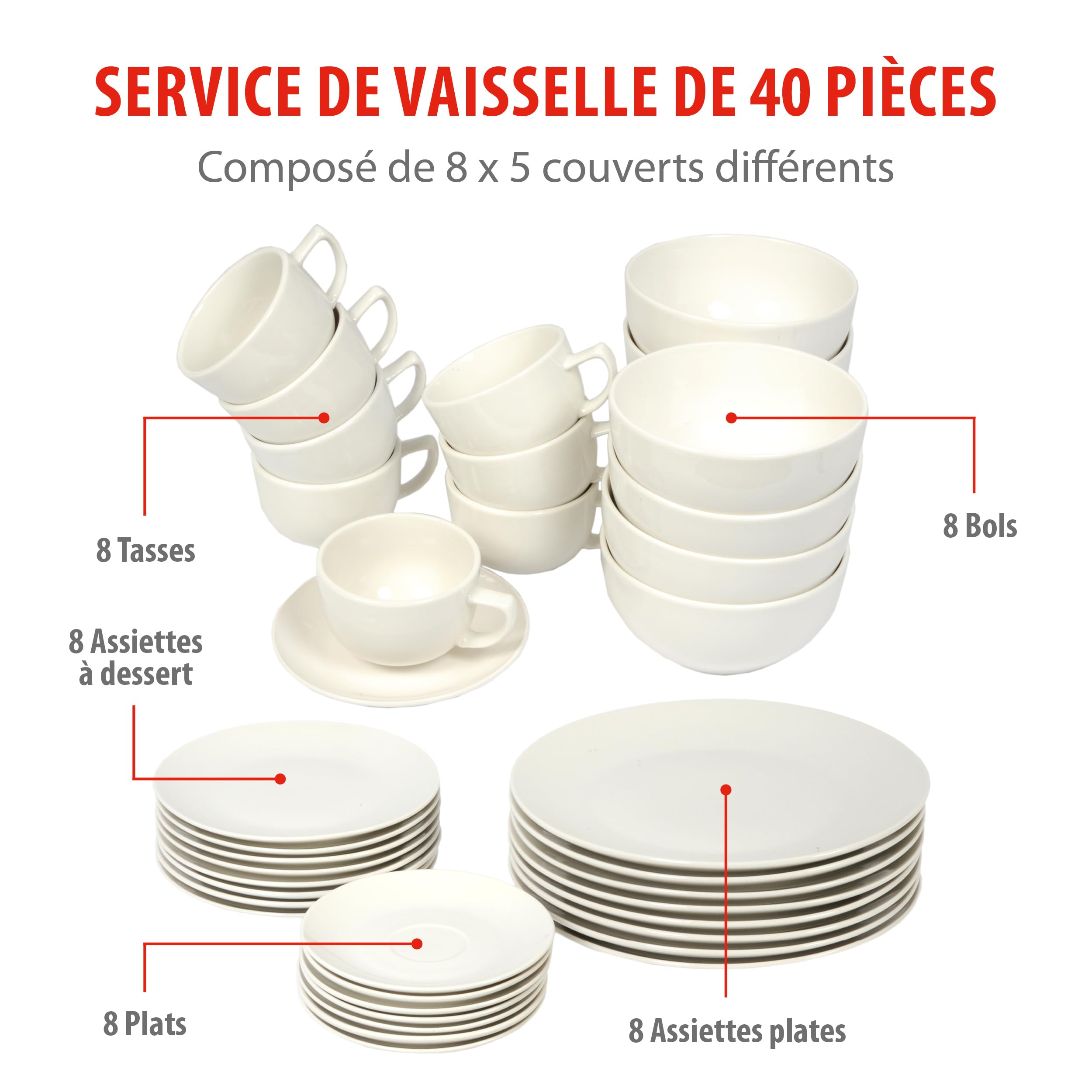 alpina Assiettes Service de Table 8 Personnes - Vaisselle et Arts de la Table 40 Pièces - Compatible Lave-Vaisselle - Blanc