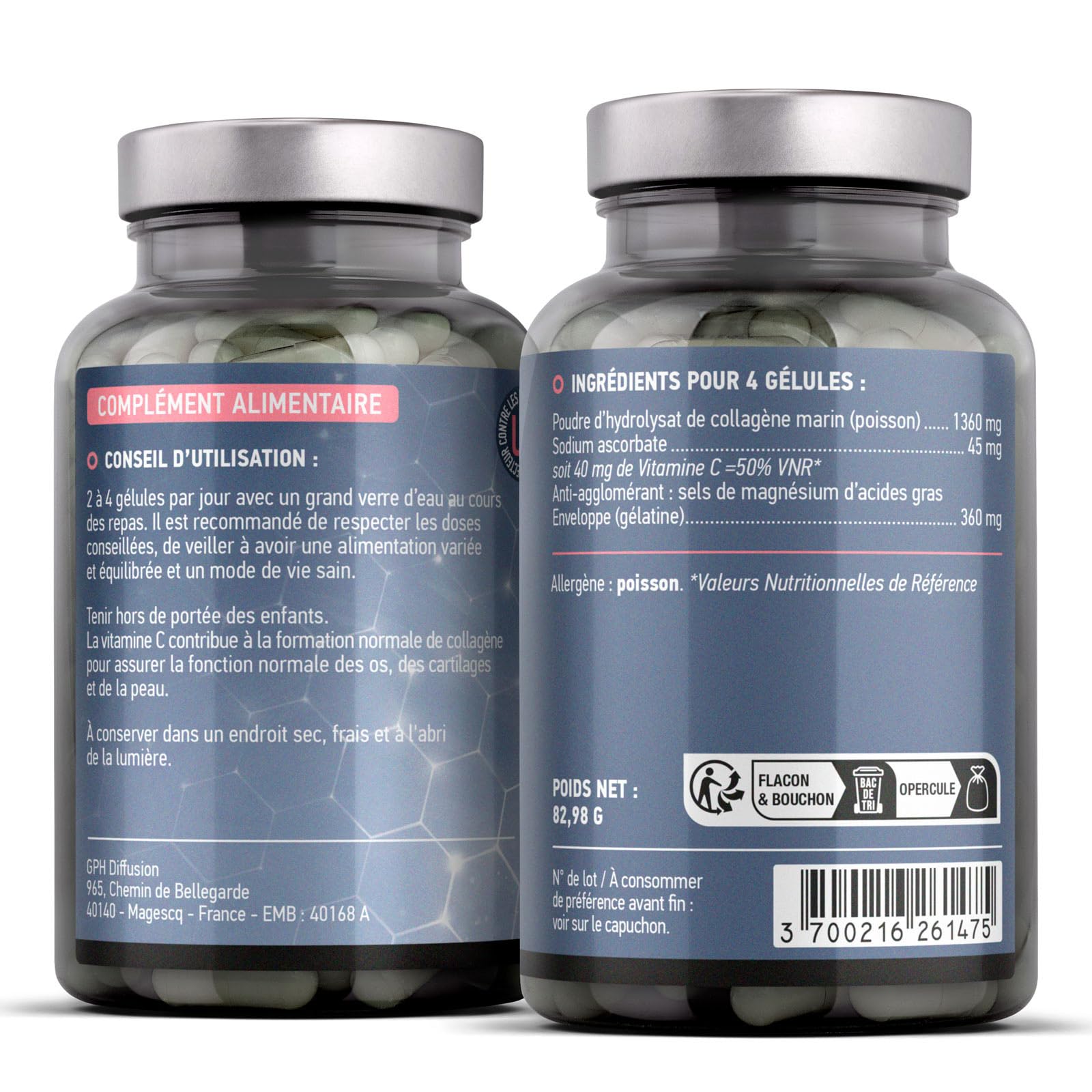 Collagène Marin + Vitamine C - 350 mg - 180 gélules - Peau, Ossature, Cartilages - Fabriqué en France
