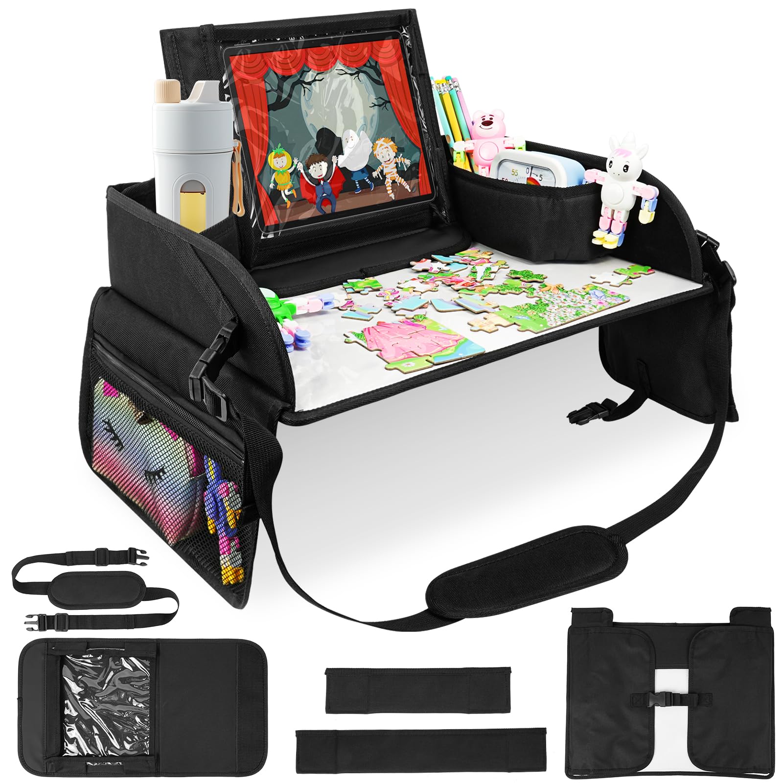 Adiwo Reisetisch Auto Kinder, Kinder Reisetisch Kindersitz Spiel, Knietablett mit Zeichenbrett, Auto Reise Spielzeug, Spieltisch Knietablett Faltbarer Organizer, Geschenk für zu Hause Reise, Schwarz