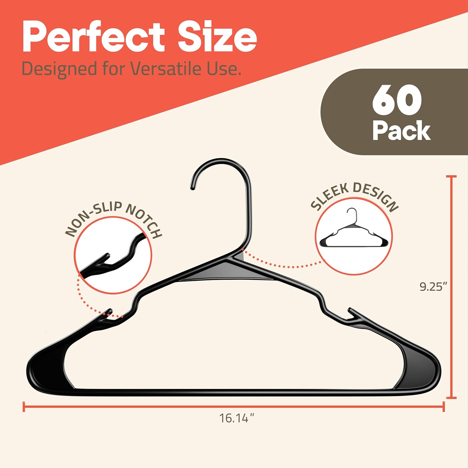 Black Plastic Hangers 60 Pack– Heavy-Duty Plastic Hangers Slim and Space-Saving, Durable and Lightweight PP with Non-Slip Shoulder Notches for Slip Dresses, Suits, Jackets & Camisoles