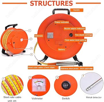 Water Level Meter with Stainless Steel Probe,Well Depth Detector,10 to 300m,Cable Reel Design,Accurate Liquid Level Measuring Tool for Industrial Use 100m/328ft