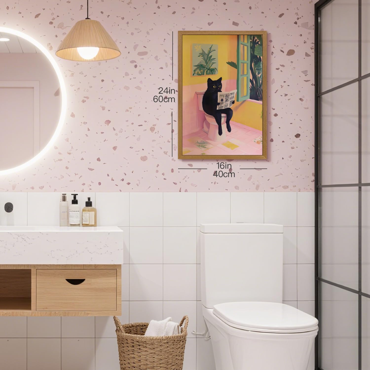 HLXRAE Funny Pink Bathroom Wall Art, Black Cat Sitting On Toilet Reading Newspaper Canvas Print, Cute Animal Kid's Bathroom Decor, Whimsical Abstract Artwork for Restroom Decor Wood Framed 12"x16"
