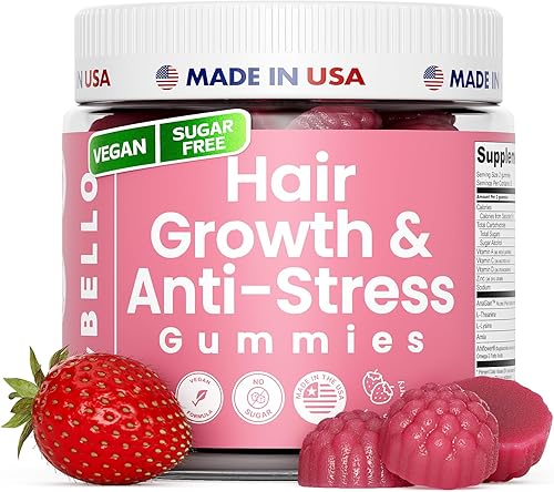 Trybello Gomitas para el crecimiento del cabello y el estrés para mujeres, impulsadas por AnaGain, biotina a base de plantas, sin azúcar,