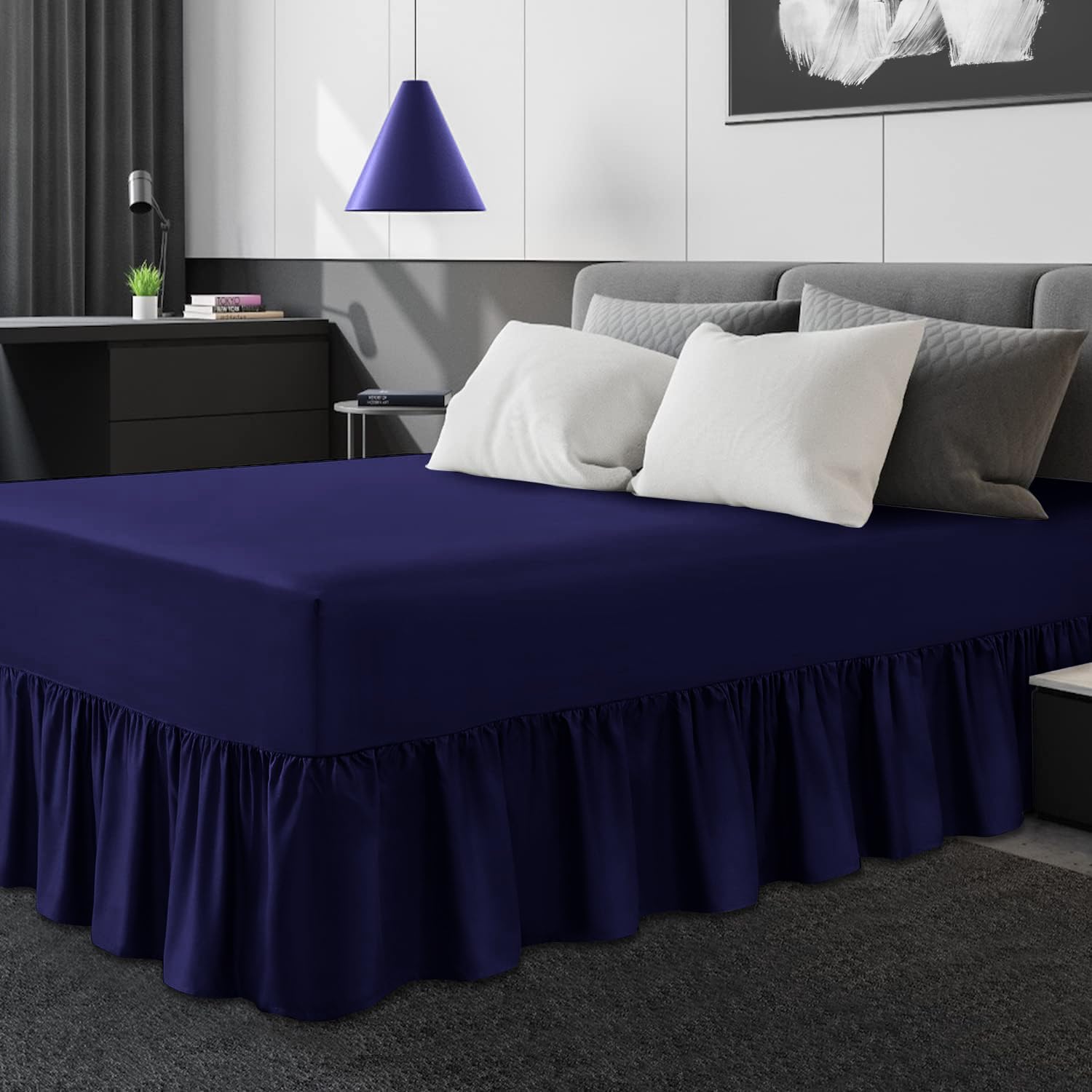 GC GAVENO CAVAILIA Non-Iron Percale Valance Sheet Single Bed | Lightweight & Breathable | Polycotton Soft & Cozy Frill Bed Sheets, Navy