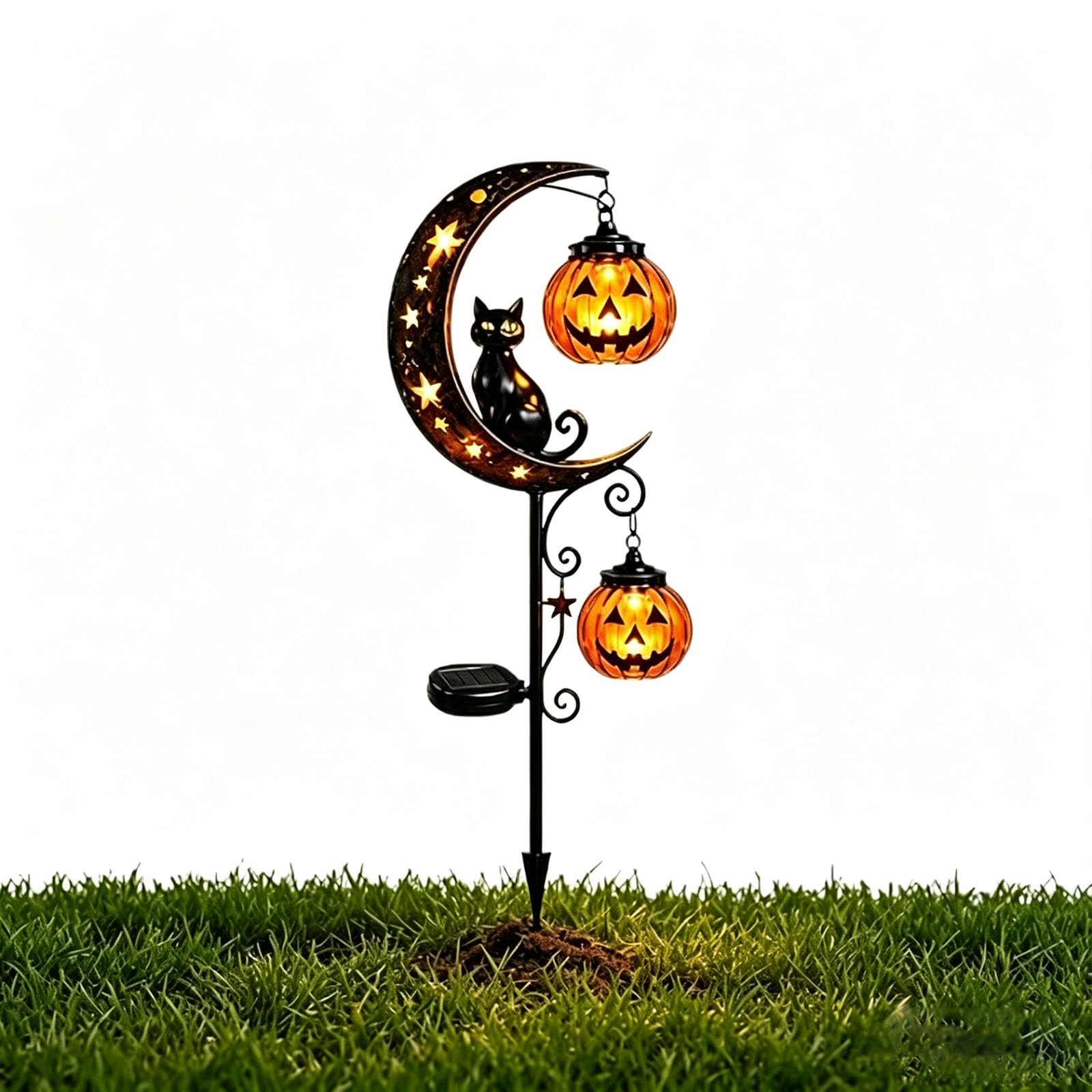WSELiYi Pumpkin Moon Garden Stake, Solar Halloween Black Cat Garden Stake Light, Hanging Lantern Lantern, Pumpkin Moon Garden Stake Light for Patio, Walkway, Porch, Garden
