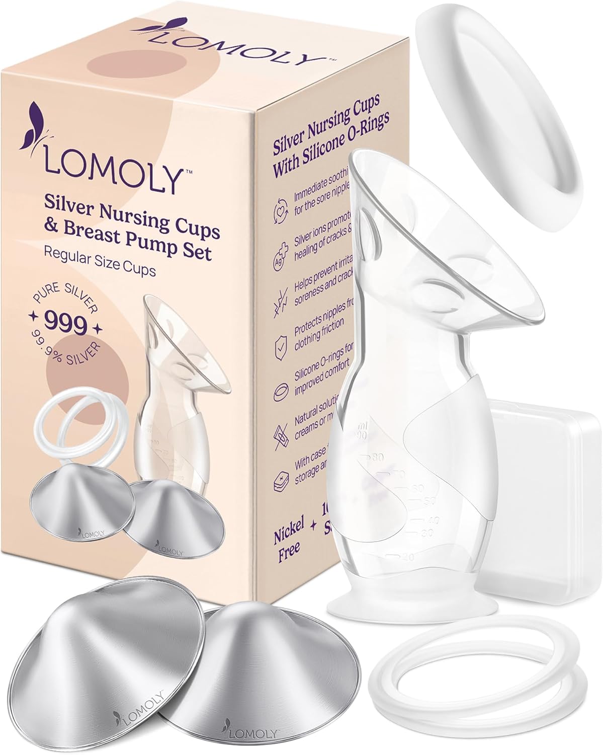 Silver Nursing Cups: Pure 999 Silver Nipple Covers to Relieve Soreness; Silver Nipple Shield Breastfeeding Set w/Nipple Shields, Silicone Rings, and Breast Pump (R: 1.8x0.6 Inches)
