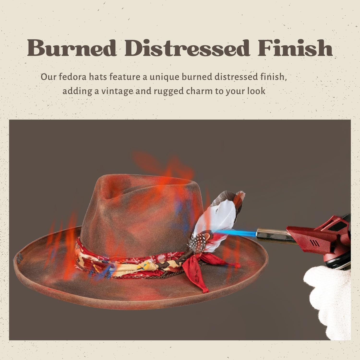 RUEDIGER Vintage Wide Brim Fedora Hats 100% Wool Stiff Felt Hat Rancher Hat with Lightning Logo Handmade Distressed/Burned - Image 9