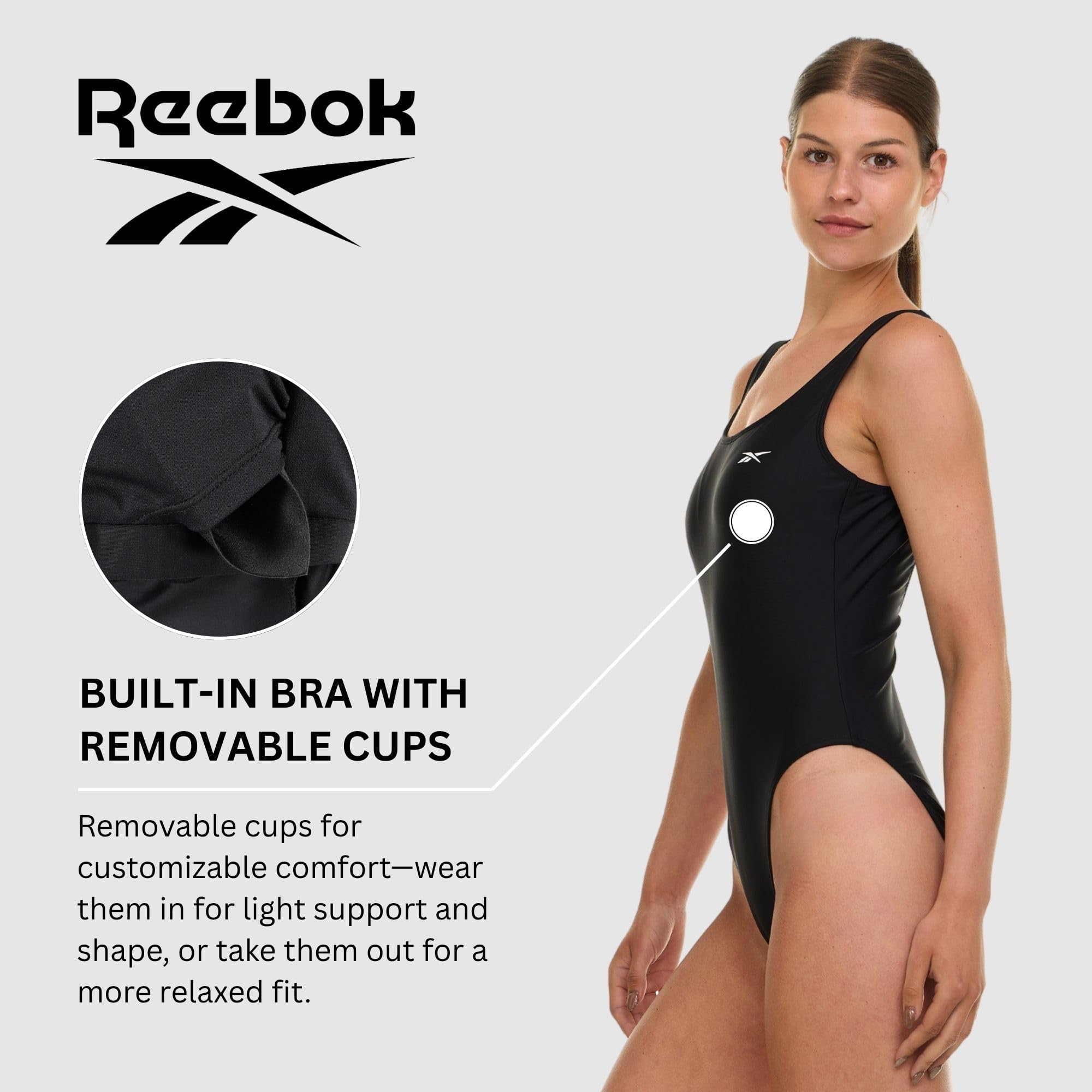 Reebok One Piece Swimsuit Women, Scoop Back High Cut Womens Bathing Suits One Piece, Ladies Athletic Backless Swim Suit