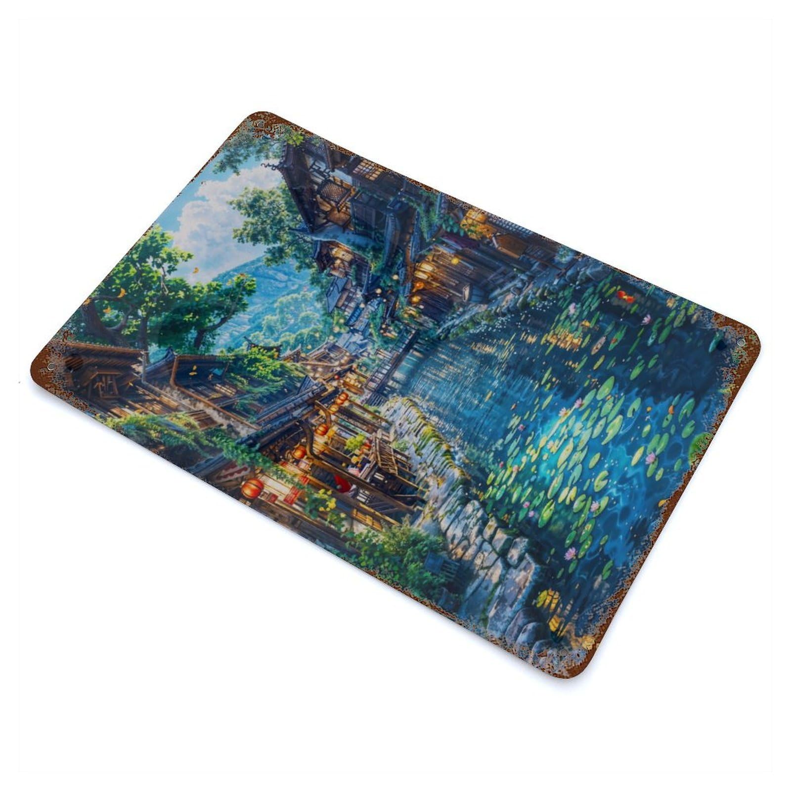 Garage Style Anime River Fish Village Rustic Tin Plaque 11.8"x7.9", Classic Wall Plaque for Bar And Workshop