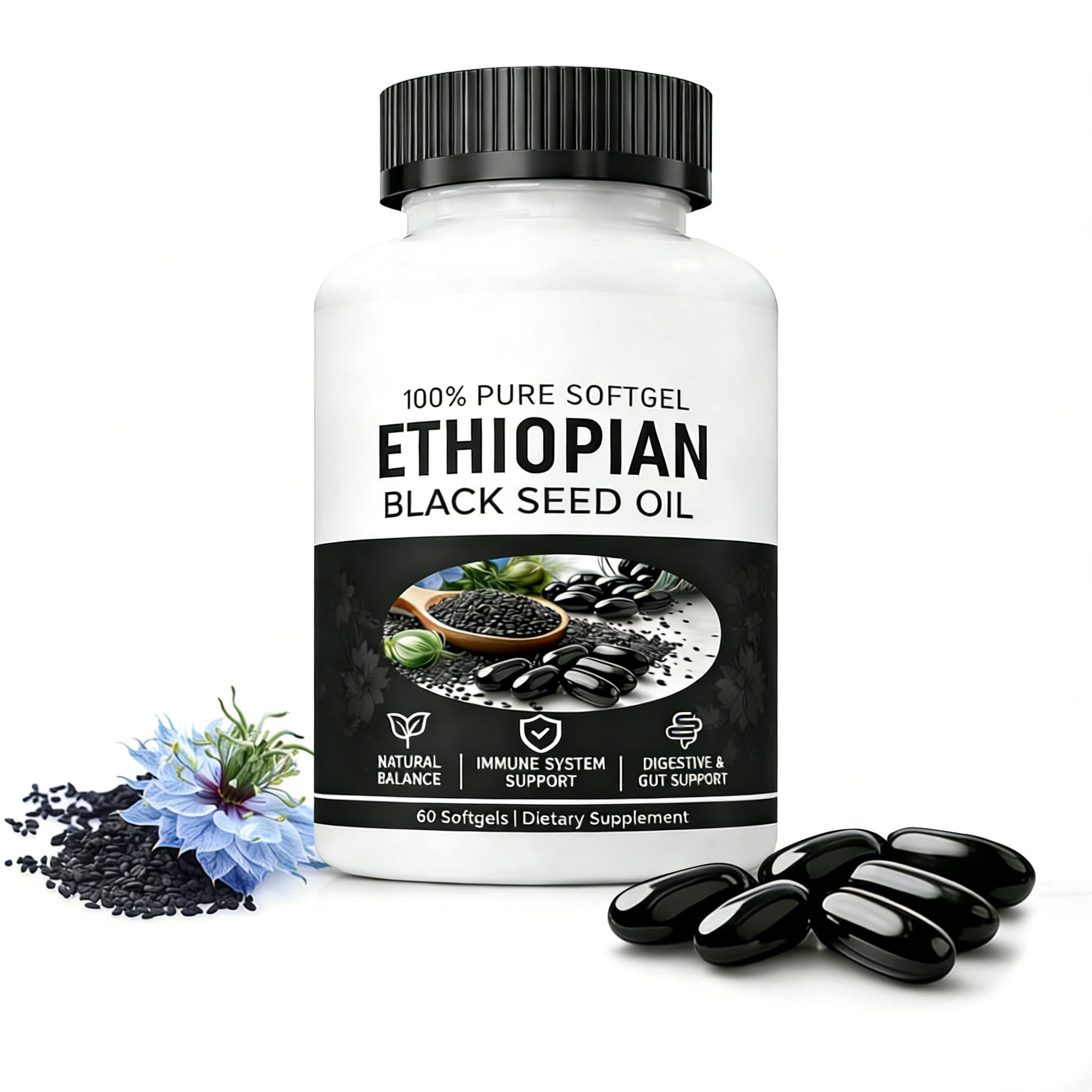 Black Seed Oil,Ethiopian Black Seed Oil Capsules with 4.64% Thymoquinone, Organic Cold-Pressed, 60 Softgels, Non-GMO, Gluten-Free(60 Capsules)
