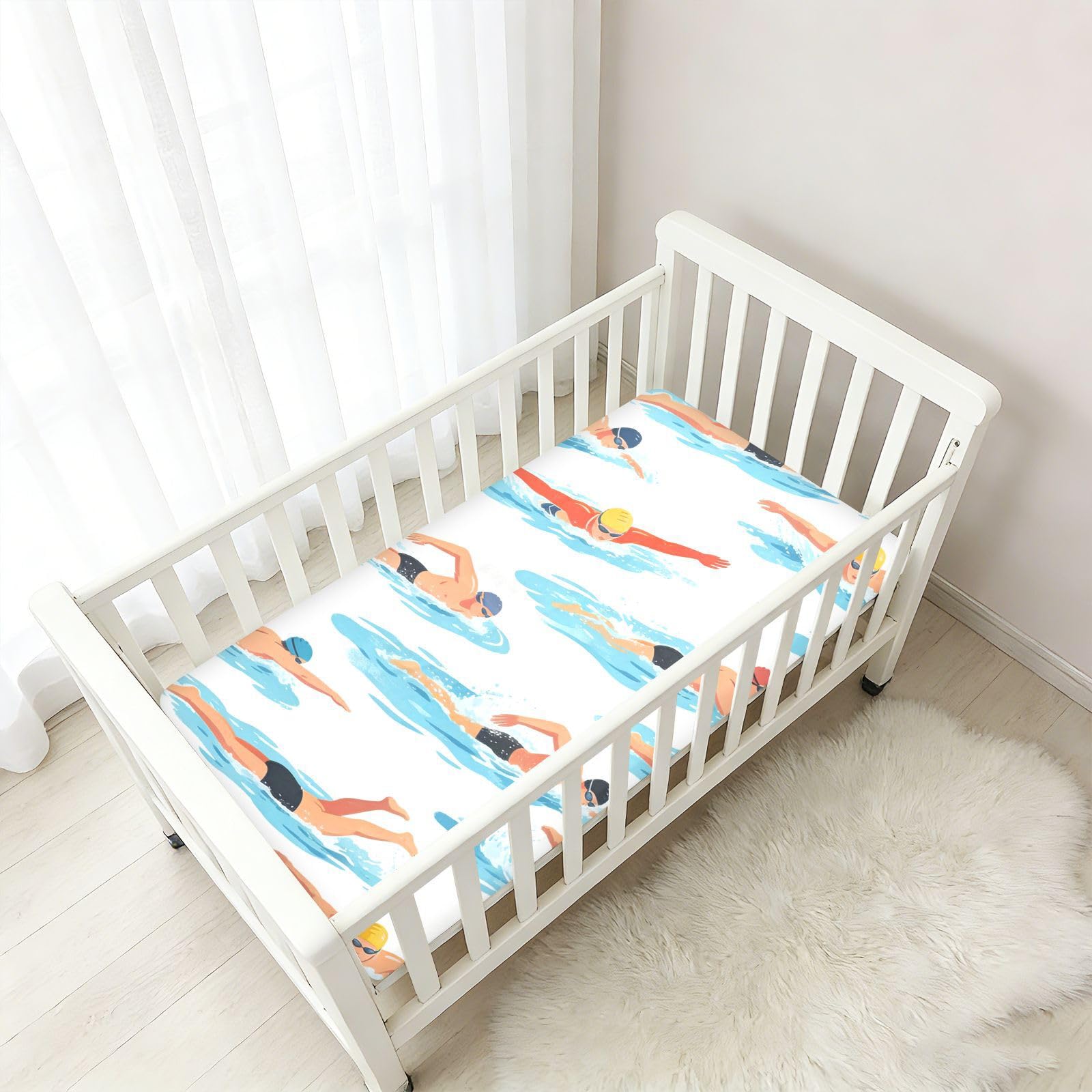 Sábanas deportivas de natación para cuna de bebé para niños y niñas, sábana de algodón cómoda y transpirable, funda de cama para guardería, 1 paquete de forros para cunas de ni?o