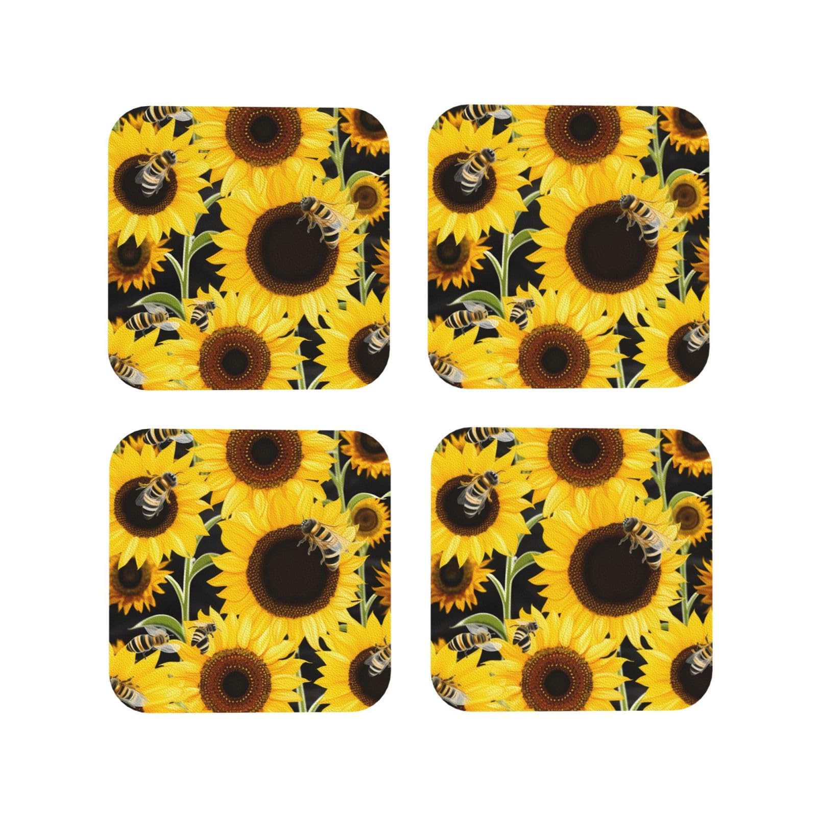 4Pcs PU Leather Coaster for Drinks, Sunflower Bees Cup Coastersr 4" Cup Mat Pad, Aesthetic Drink Coasters for Coffee Table, Square Coaster for Tabletop Protection