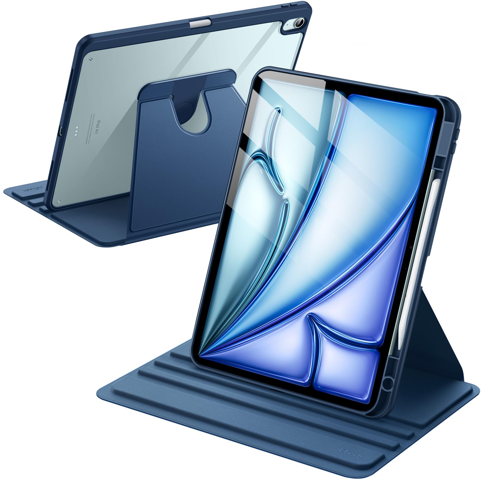 JETechRotating Case for iPad Air 13-Inch M3/M2 (2025/2024) with Pencil Holder, 360 Degree Rotation Protective Stand Cover Clear Back, Auto Wake/Sleep (Deep Navy)