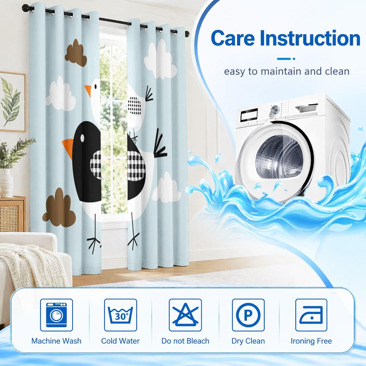 Rideau Occultant Géométrique Minimaliste Lot de 2 L 140 x H 220 cm Oiseaux Carreaux Nuages Rideaux Imprimés en Polyester à Oeillets Isolant Thermique Anti Froid pour Salon et Chambre d'enfant