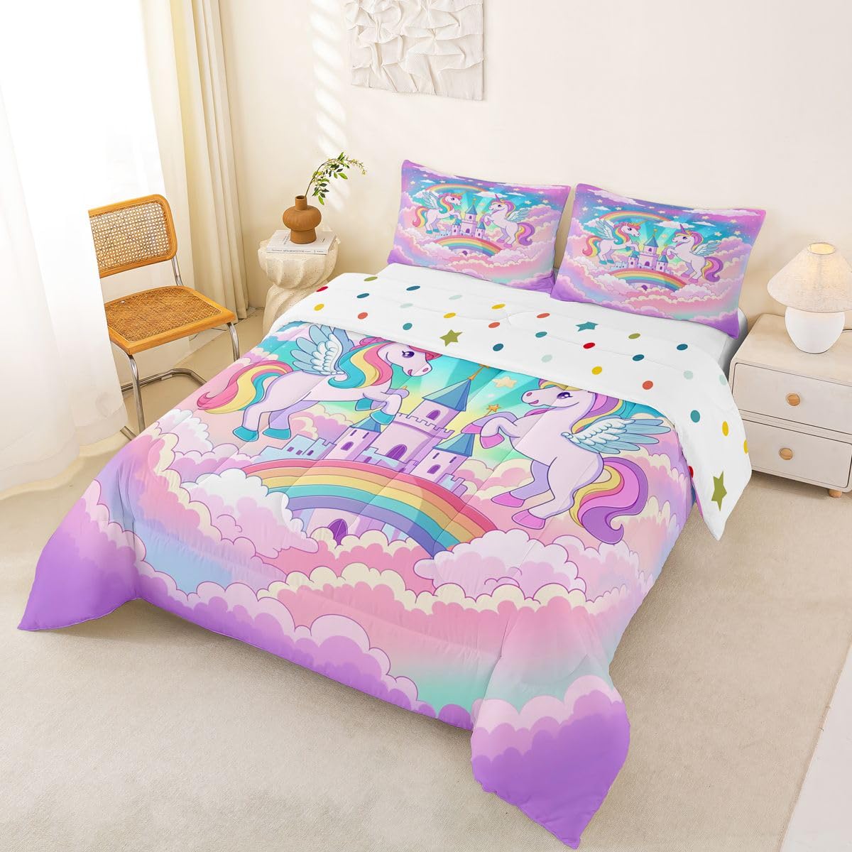 Homewish Kids Castle Marzycielski pojedynczy zestaw pościeli – księżniczka uroczy jednorożec zestaw pościeli kawaii, jednorożec, galaktyka, tęcza, poszewka bez poszewki na poduszkę