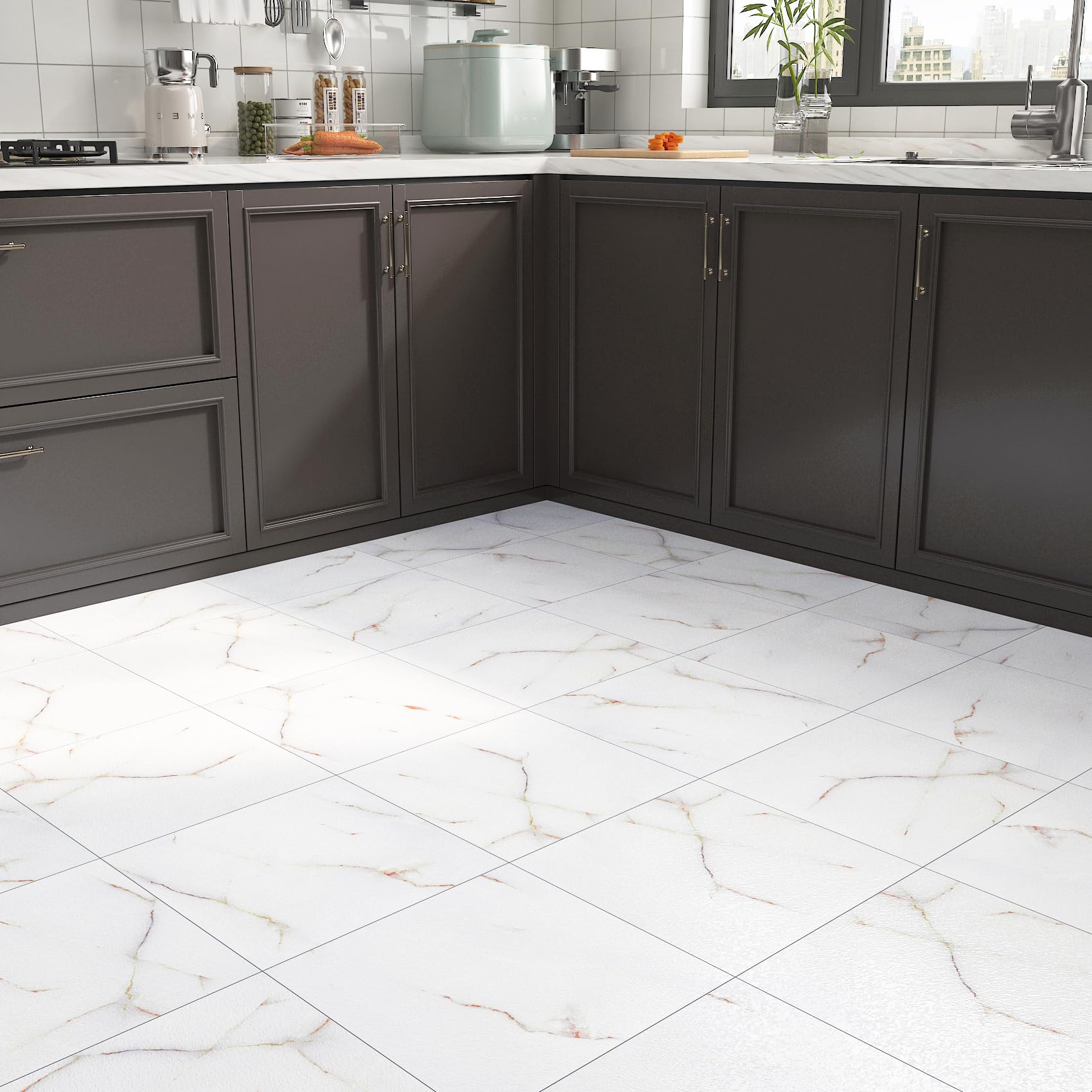 FunStick 30X30CM 30 Piastrelle Adesive Pavimento Effetto Marmo Pavimento PVC Adesivo Cucina Bagno Mattonelle Adesive Marmo Balcone Impermeabile Rivestimento Piastrelle PVC Adesive Bianco e Giallo