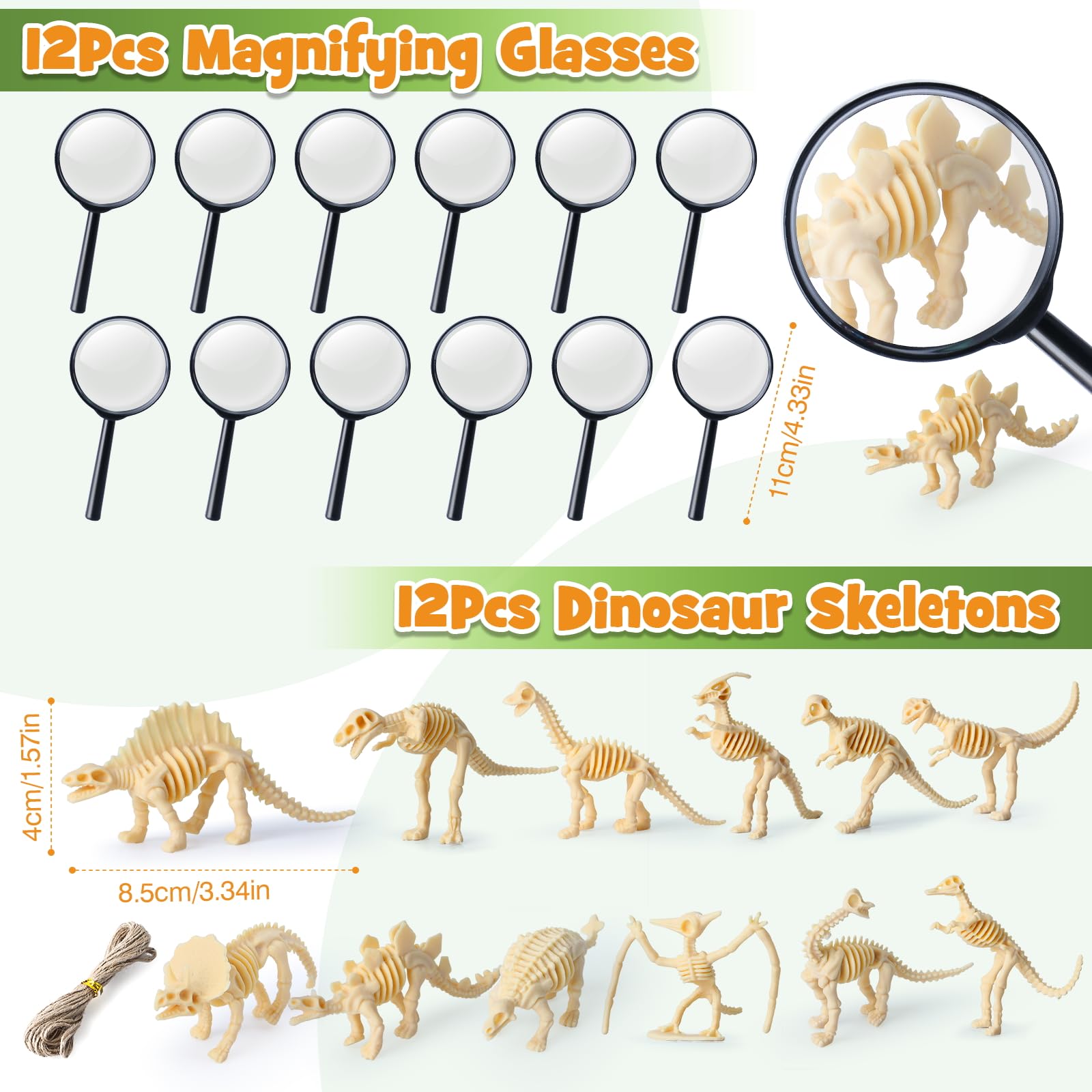 SNLN Dinosaurier-Partygeschenke für Kindergeburtstag, Lupe, leuchtender Schlüsselanhänger, Dino-Ei, Aufkleber, Dinosaurier-Partyzubehör mit Skelett-Spielzeug, Silikon-Armband und Geschenktüte