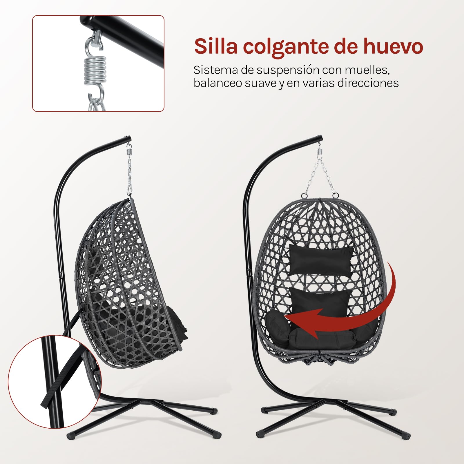WOLTU Silla Colgante, Hamaca Columpio con Cojín y Reposacabezas, Aspecto Ratán PE y Estructura de Metal, Carga 150 kg, para Jardín, Patio y Terraza, 102x100x196 cm, Negro