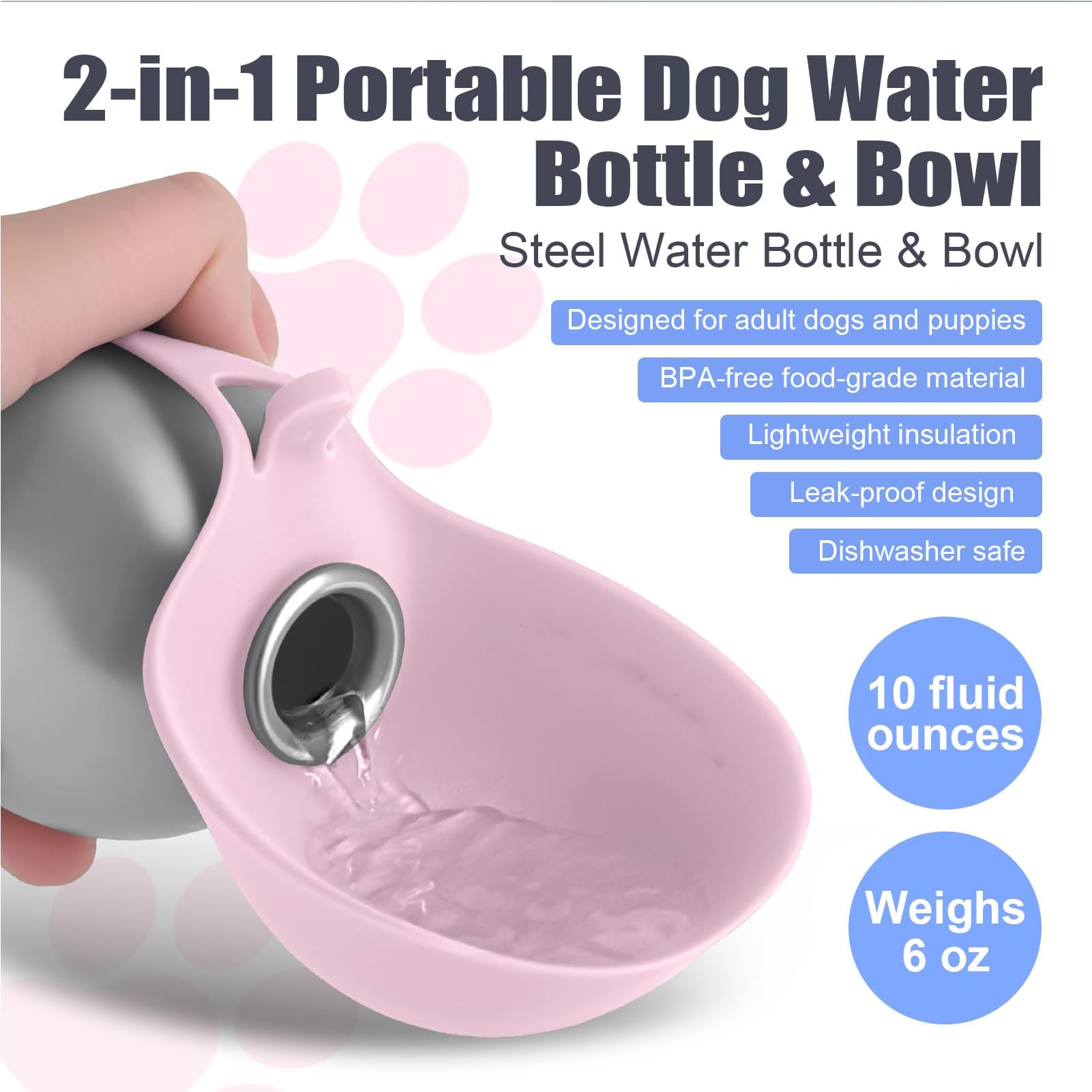 Trinkflasche Hunde für Unterwegs, 285 ml Edelstahl Hunde Trinkflasche mit Faltbarem Silikonnapf, Auslaufsichere & Kompakte Hundetrinkflasche für Spaziergänge, Wanderungen & Reisen (Rosa) - 2
