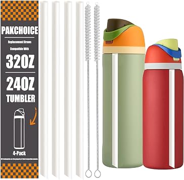 4PCS Replacement Straws for Owala Water Bottle 24 oz 32 oz, Reusable Plastic Straws with 2 Cleaning Brush for Cup 24oz 32oz Travel Tumbler Accessories Parts for Sports Bottle, Angled Design,White