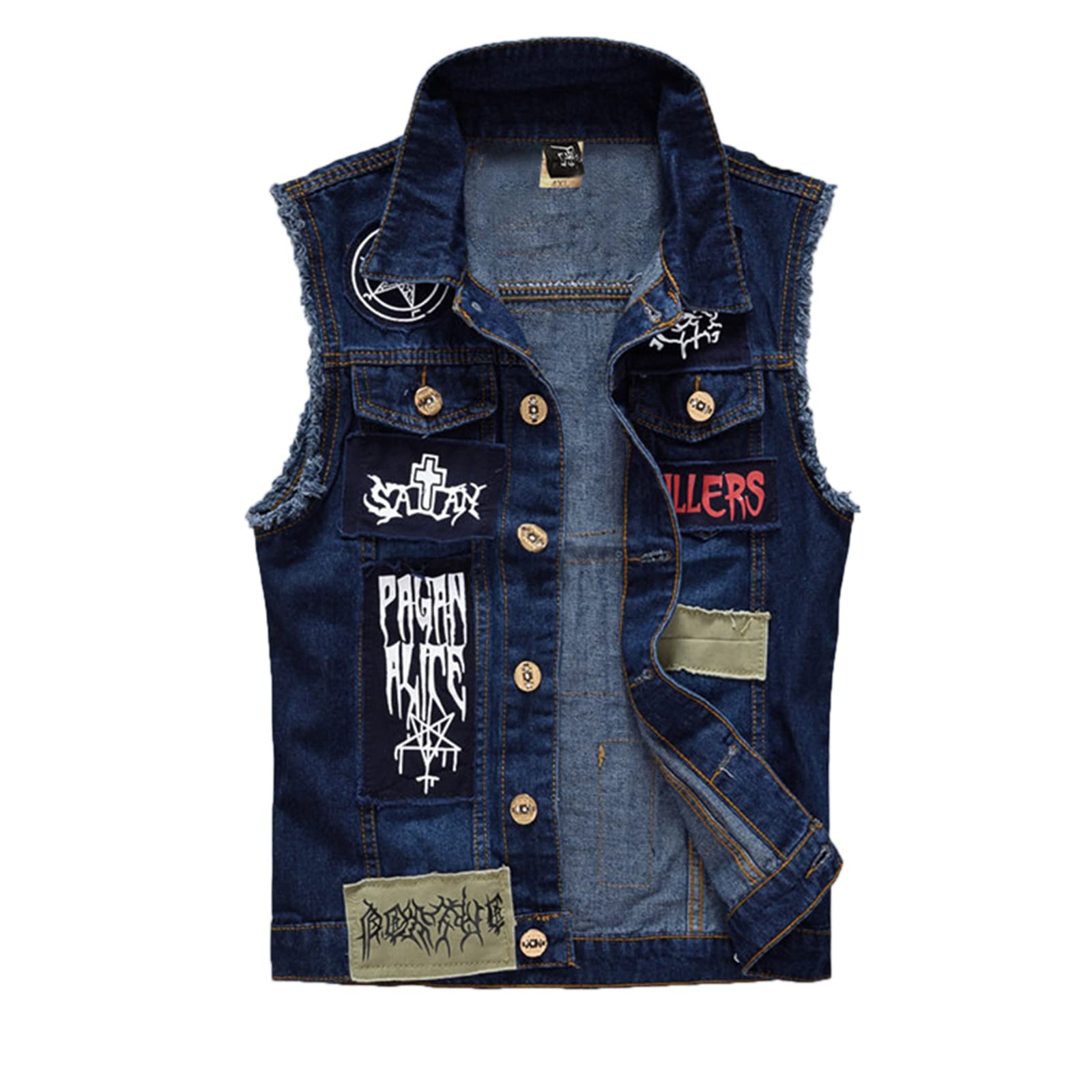 Men's Denim Vest Fashion Patch Rock Style Ripped Frayed Denim Waistcoat Vintage Biker Gilet Lapel Sleeveless Cowboy Jacket