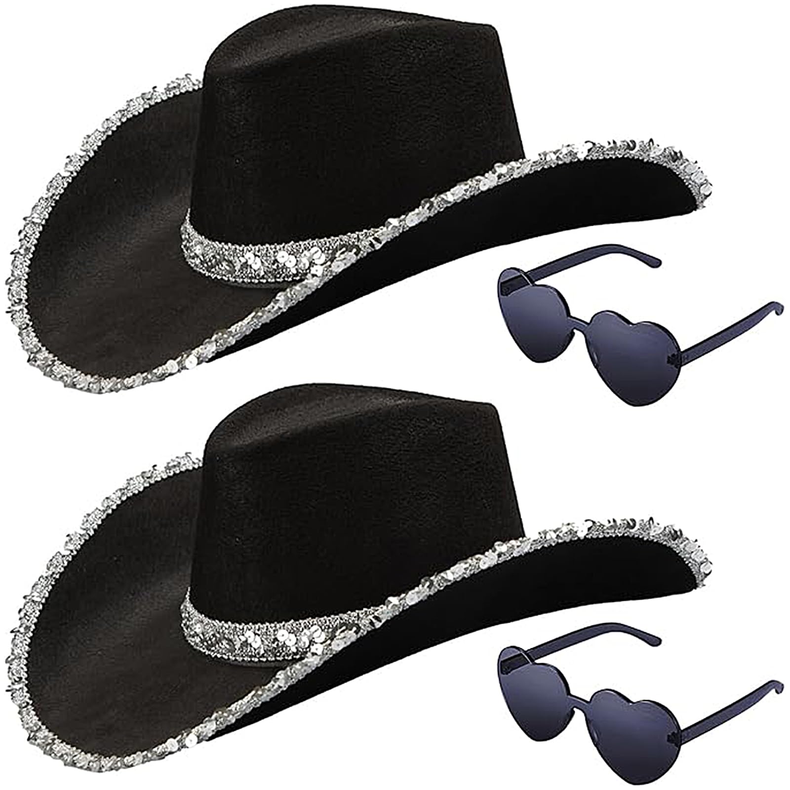 Tanganan Cowboy Hat, 2pcs Cowgirl Hat Halloween Costume for Women Men Adult Western Cow Girl Hats with Heart Glasses Dress Up Cow Girl Costume for Bachelorette Bachelor Party (2 black)