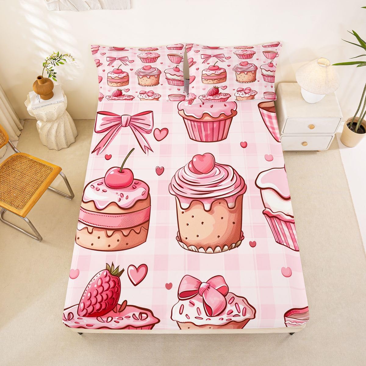 Manfei Juego de sábanas bajeras de 3 piezas, diseño de pastel de chocolate con diseño de tartán geométrico y lazo de fresa, 3 piezas, bonitas sábanas románticas con 2 fundas de almohada, decoración de