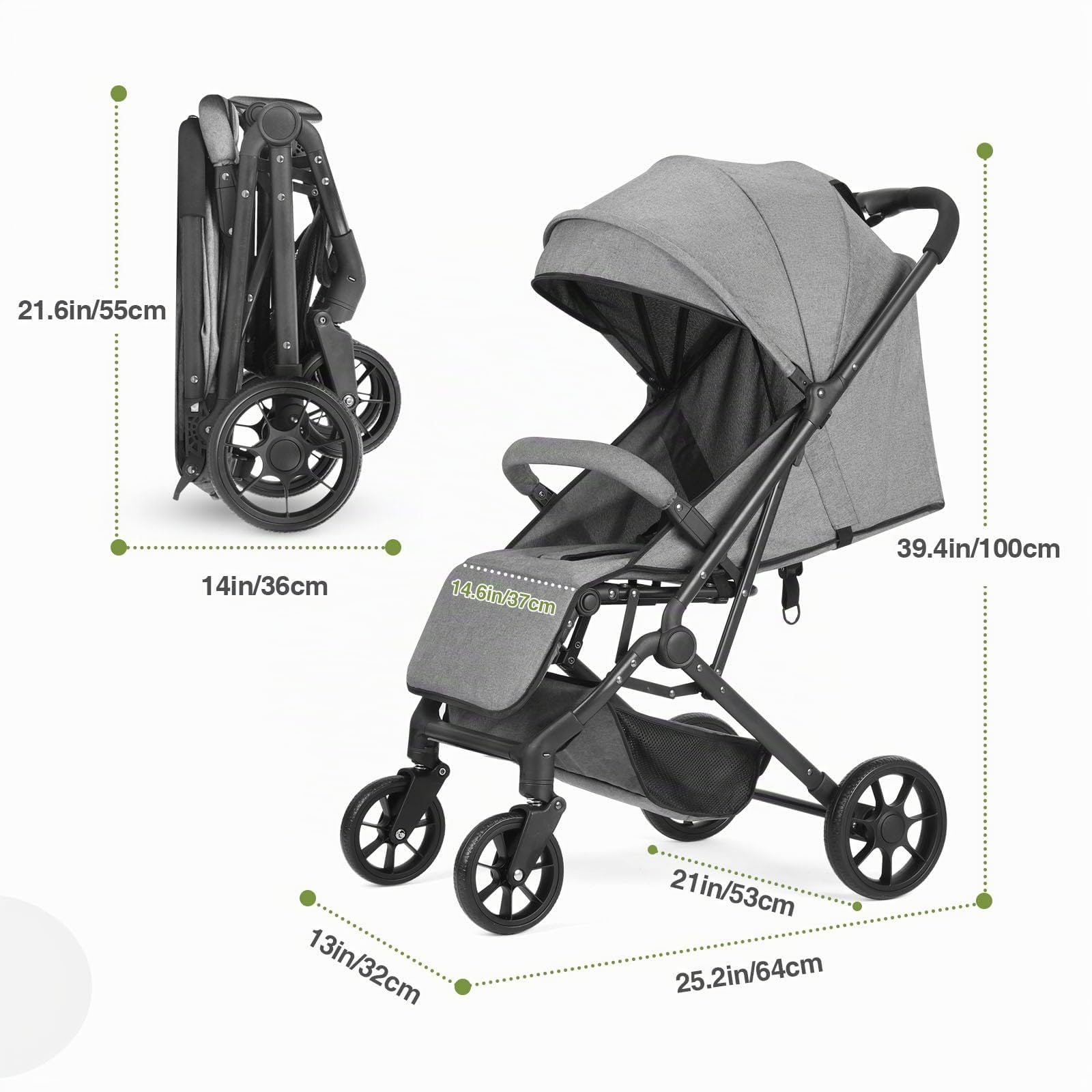 Faltbar Kinder-Buggy Kinderwagen, Regulierbarer 5-Punkt-Sicherheitsgurt, Zusammenklappen mit einer Hand, großes Verdeck, Robuster alle 4 Räder gedämpft, geräumige Sitz, Einkaufskorb (Grau)